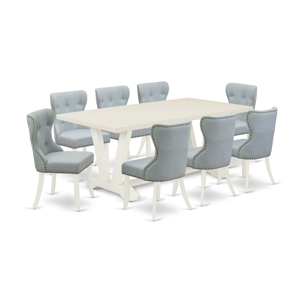 El juego de mesa de cocina de 9 piezas East West Furniture V027SI215-9 incluye una mesa de comedor rectangular con patas en V y 8 sillas de comedor Parson de tela de lino azul bebé.