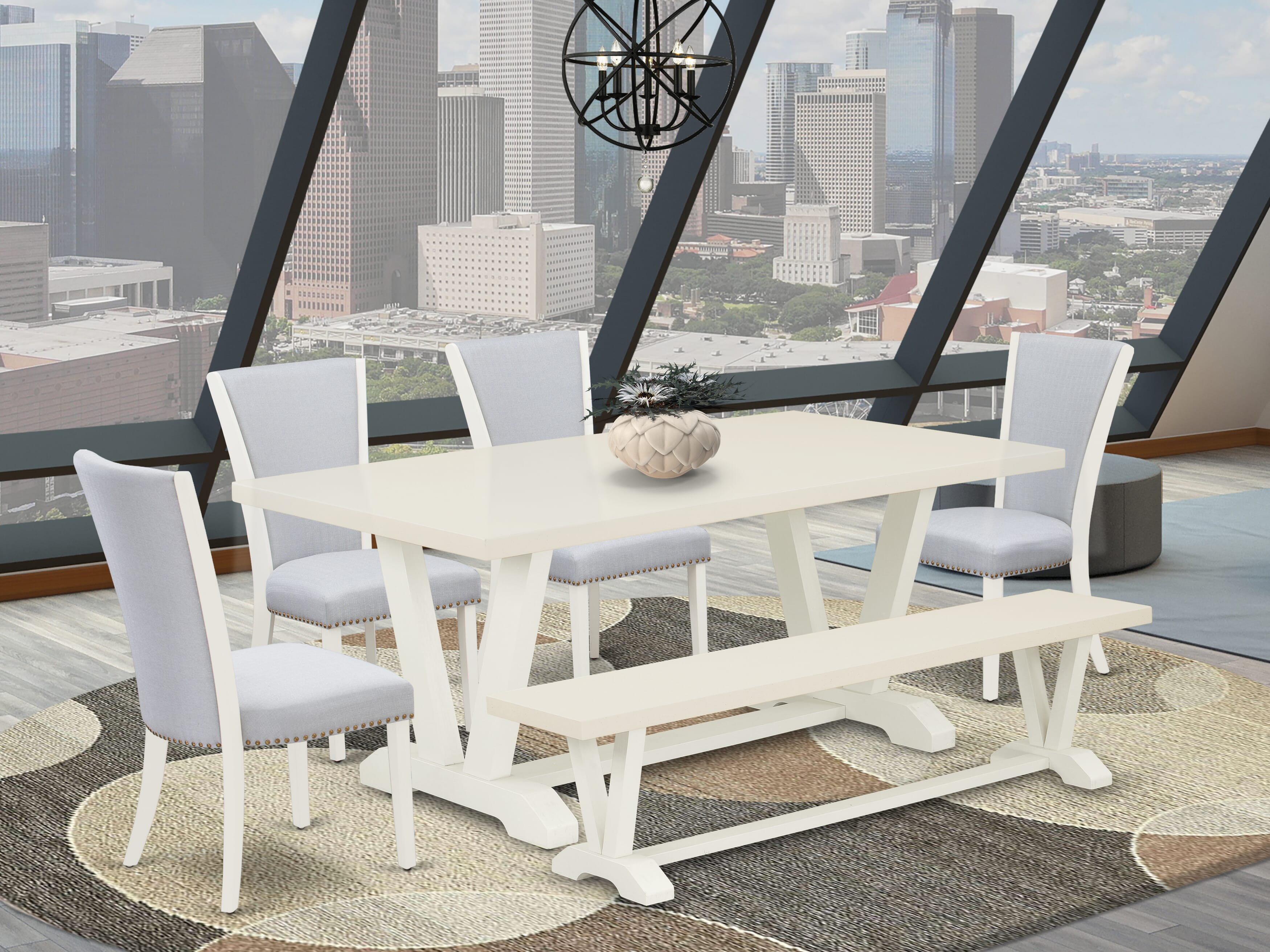 Juego de mesa de comedor de 6 piezas East West Furniture V027VE005-6. Contiene una mesa de comedor rectangular con patas en V y 4 sillas Parson de tela de lino gris con un banco.
