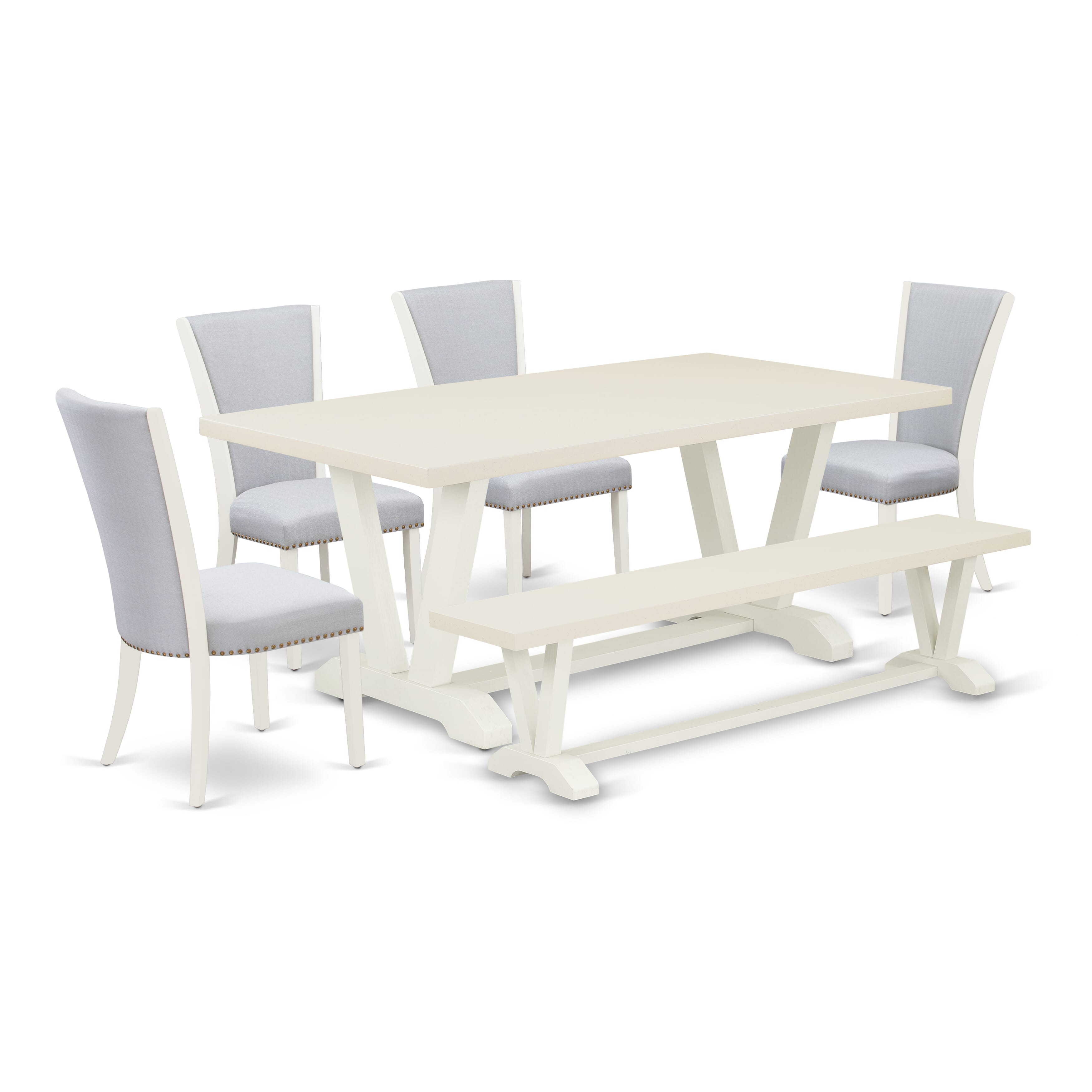 Juego de mesa de comedor de 6 piezas East West Furniture V027VE005-6. Contiene una mesa de comedor rectangular con patas en V y 4 sillas Parson de tela de lino gris con un banco.