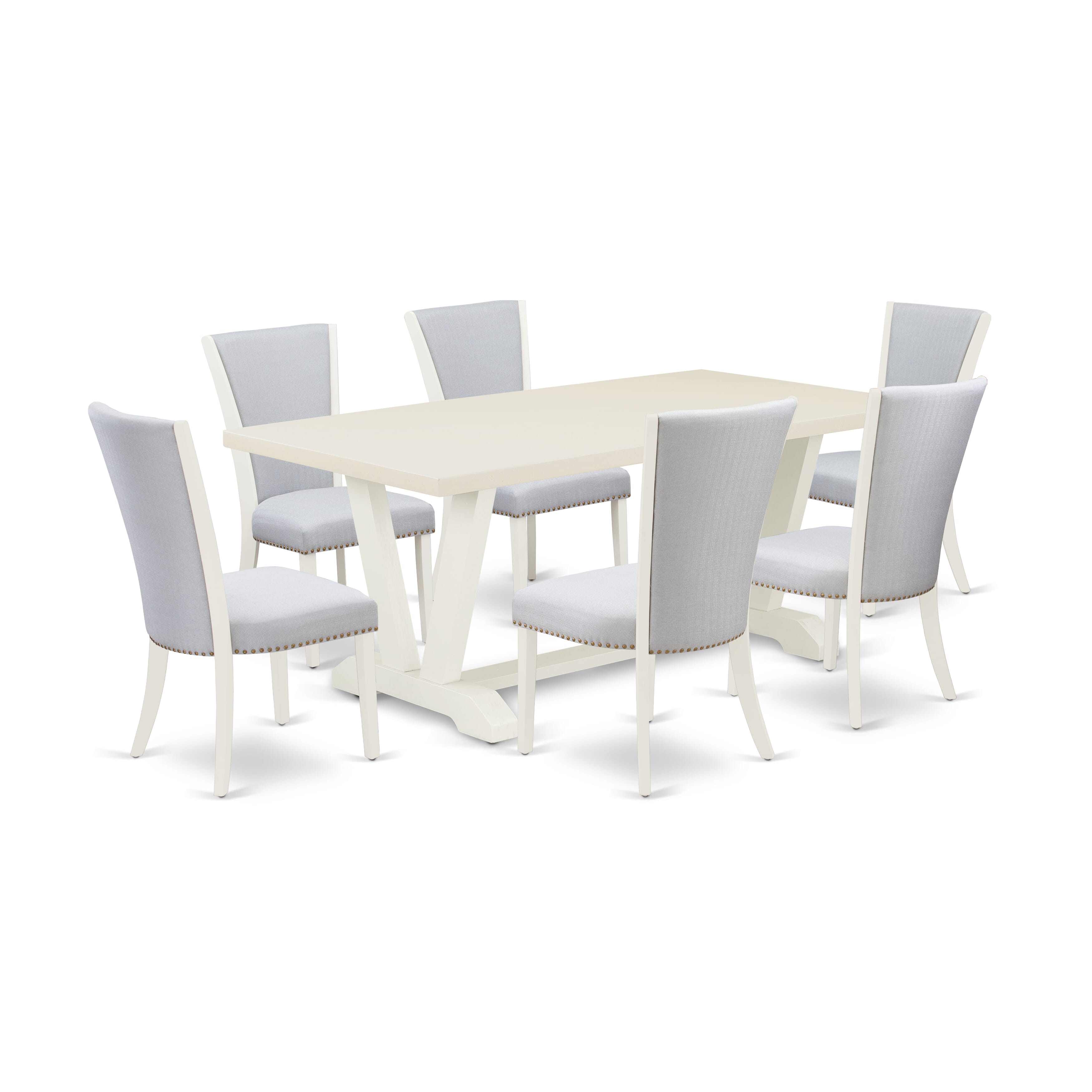 Juego de comedor East West Furniture V027VE005-7 de 7 piezas compuesto por una mesa de comedor rectangular con patas en V y 6 sillas Parson tapizadas en tela de lino gris.