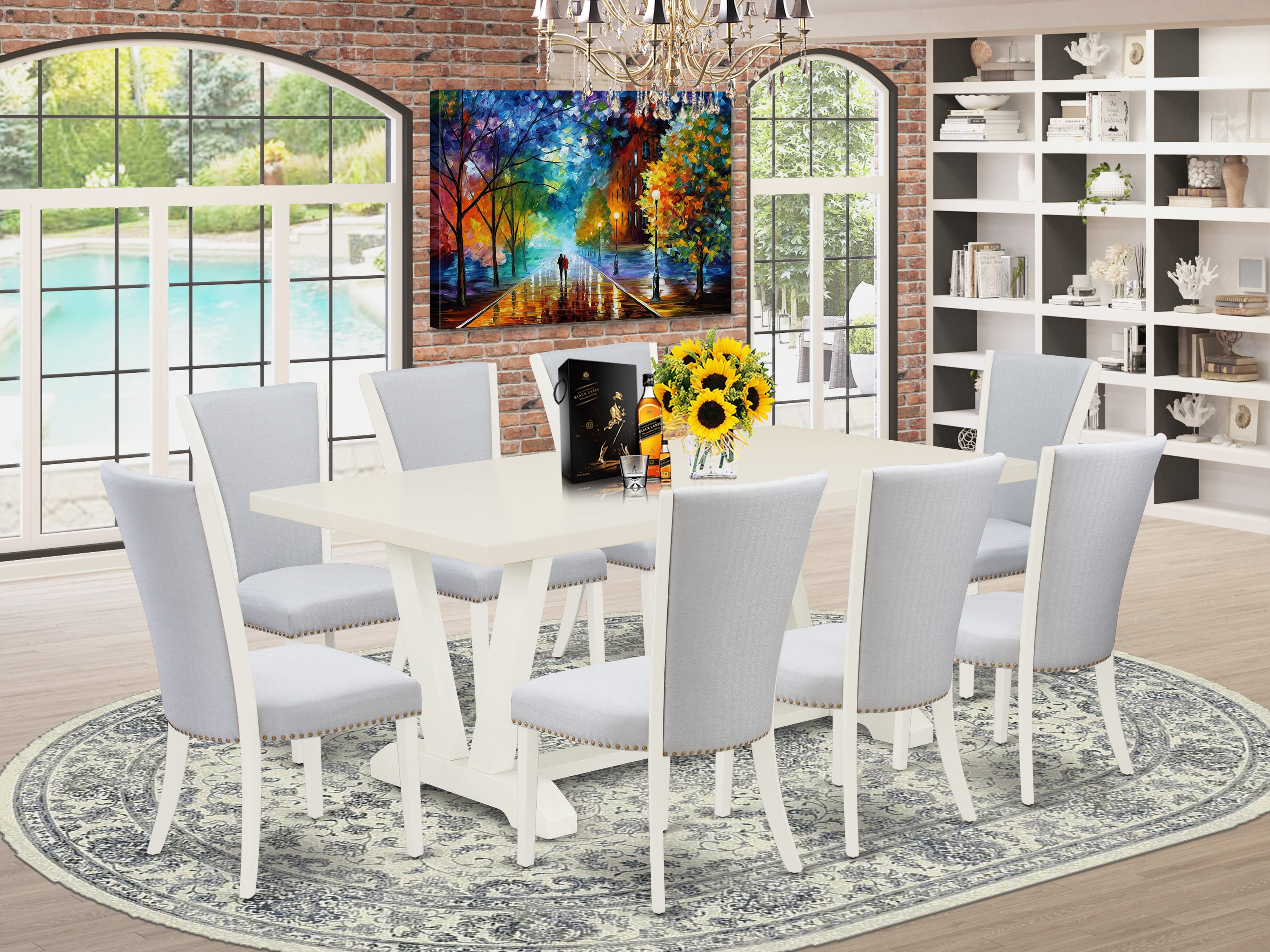 East West Furniture 9-Piece Kitchen Table Set Consists of 8 Mid Century Chairs with Upholstered Seat and Stylish Back-Rectangular Dining Room Table - Linen White and Wirebrushed Linen White Finish