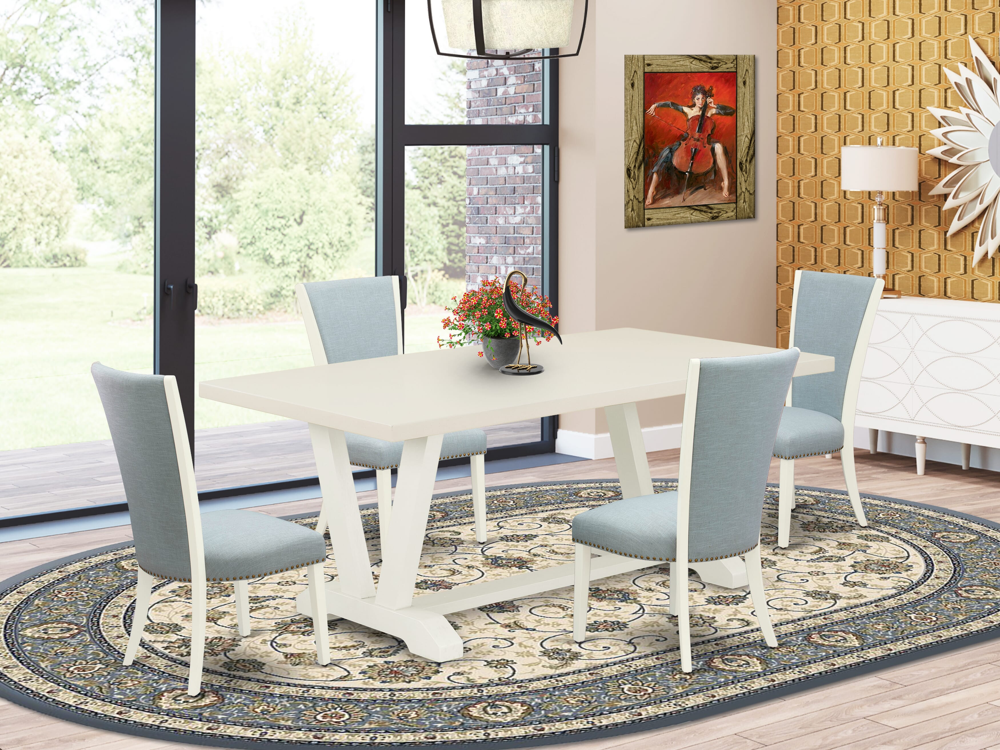 East West Furniture V027VE215-5 5 Piece Mid Century Dining Room Set - 4 Baby Blue Linen Fabric Parson Chairs with Nailheads and linen white Kitchen Table - linen white Finish