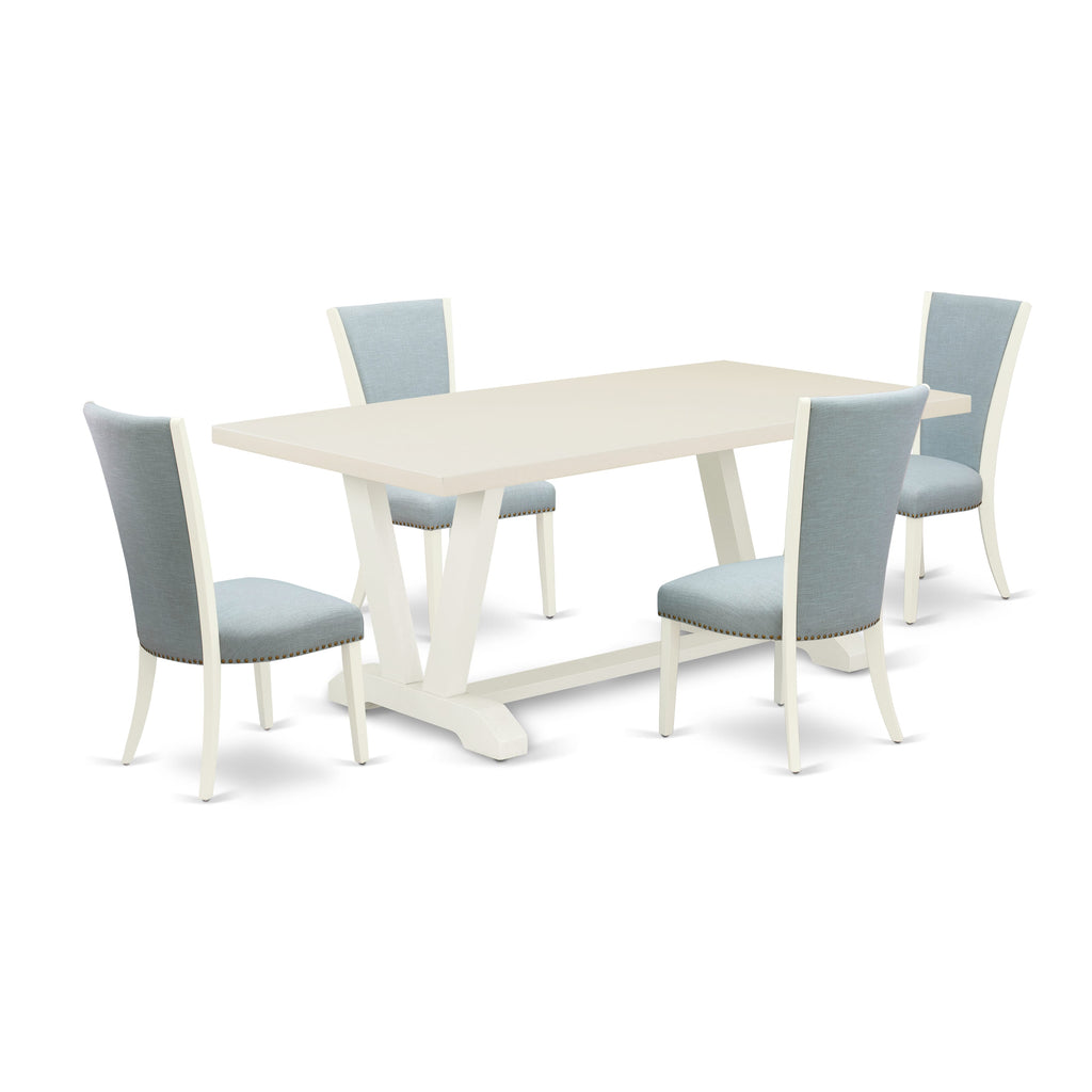 Juego de mesa de comedor East West Furniture V027VE215-5 de 5 piezas para 4 personas. Incluye una mesa de cocina rectangular con patas en V y 4 sillas de comedor Parson de tela de lino azul bebé.