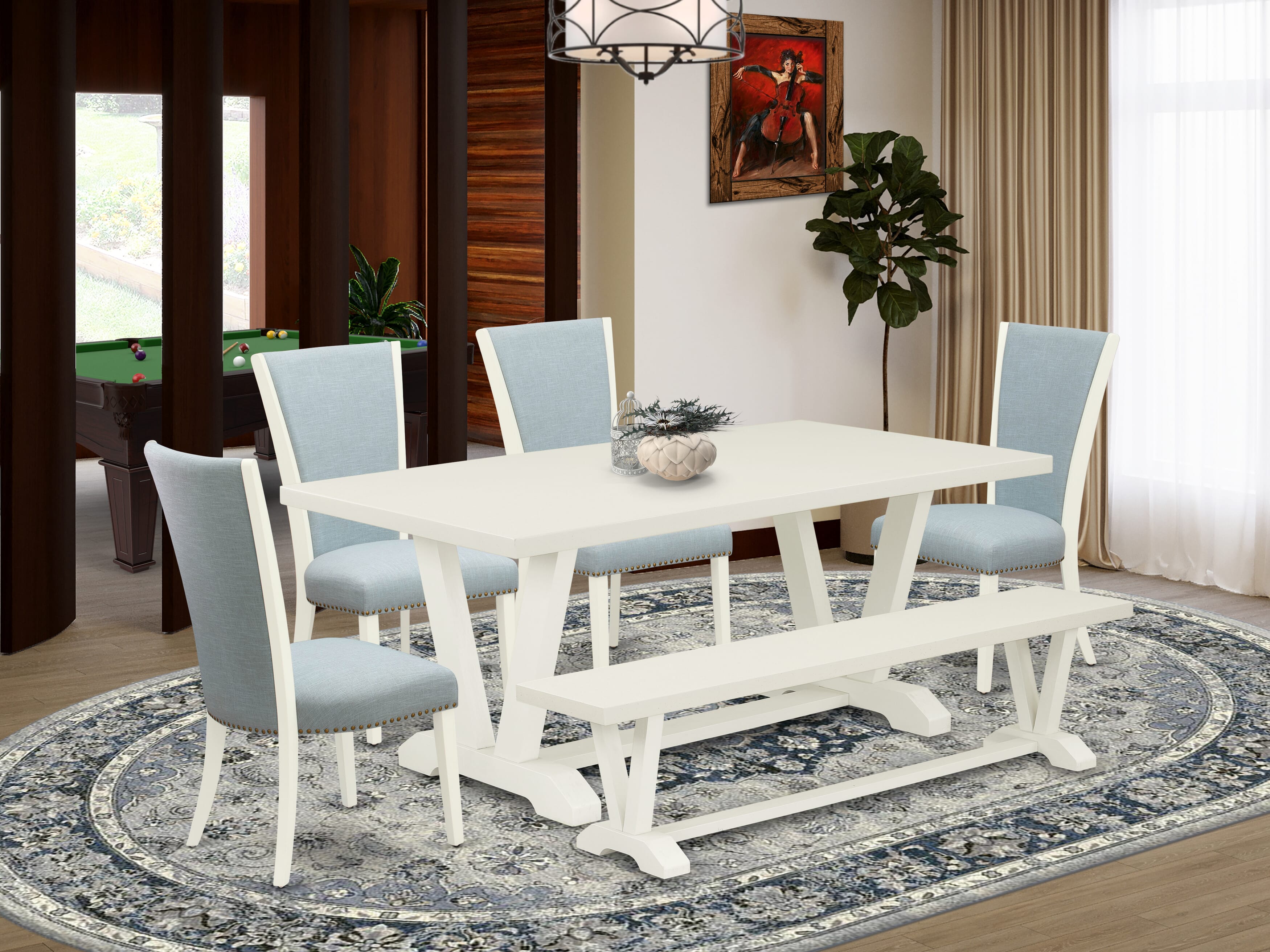 Juego de comedor de 6 piezas East West Furniture V027VE215-6 que incluye una mesa de comedor rectangular con patas en V y 4 sillas tapizadas en tela de lino azul bebé con un banco.