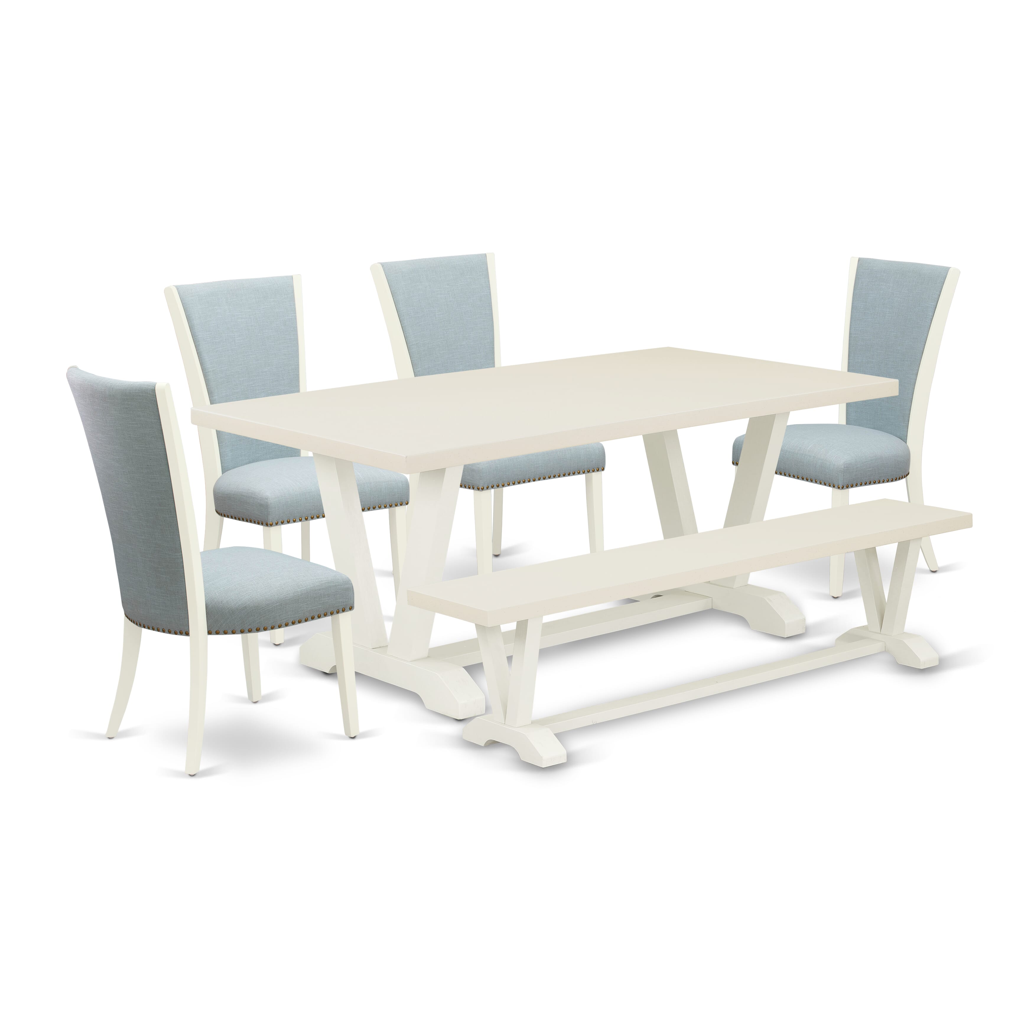 Juego de comedor de 6 piezas East West Furniture V027VE215-6 que incluye una mesa de comedor rectangular con patas en V y 4 sillas tapizadas en tela de lino azul bebé con un banco.