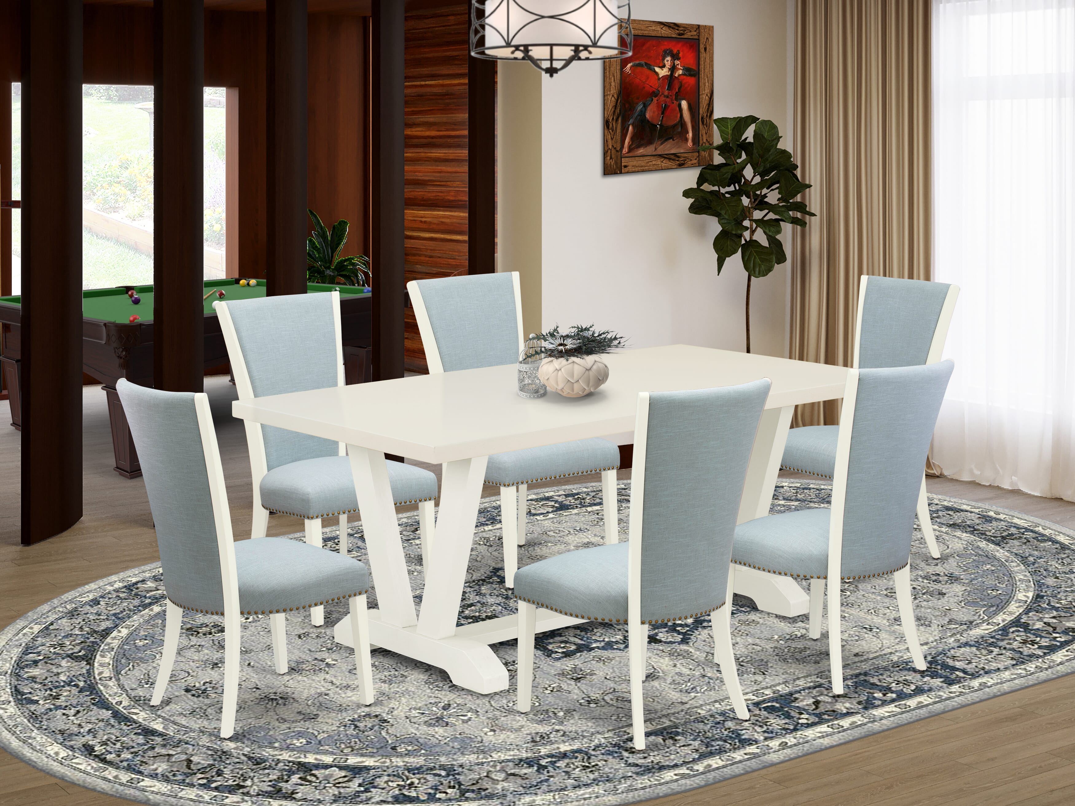 East West Furniture V027VE215-7 7-Piece Mid Century Dining Set - 6 Baby Blue Linen Fabric Parson Dining Chairs with Nail Heads and linen white Wooden Table - linen white Finish