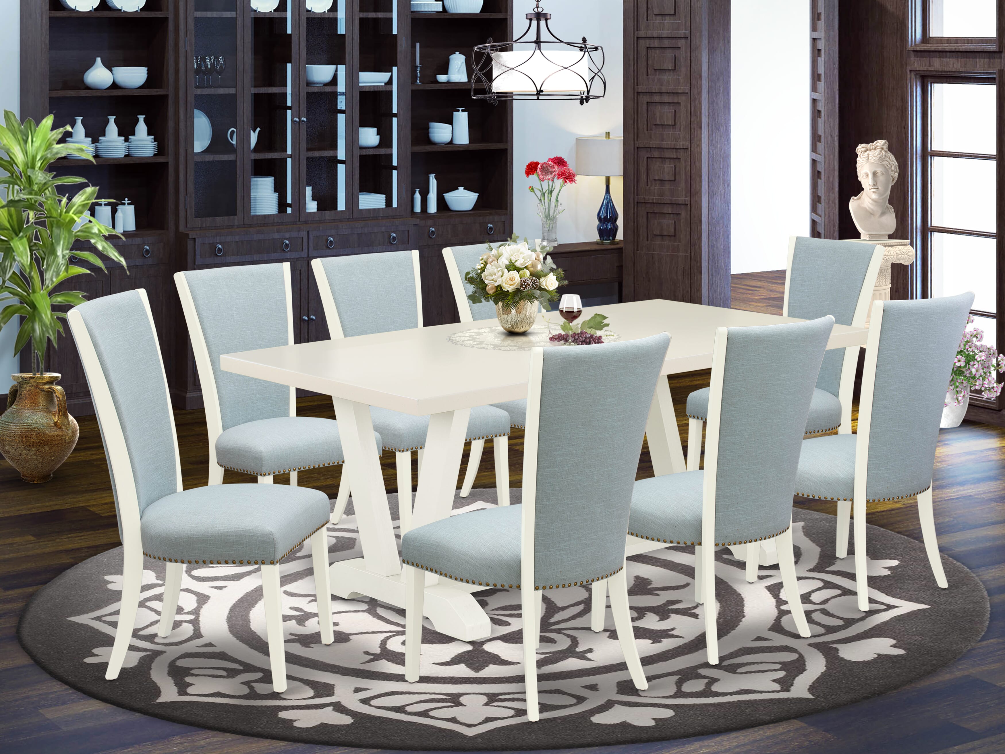 V027VE215-9 9 Piece Kitchen Table Set - 8 Baby Blue Linen Fabric Dining Room Chairs with Nail Heads and linen white Modern Kitchen Table - linen white Finish