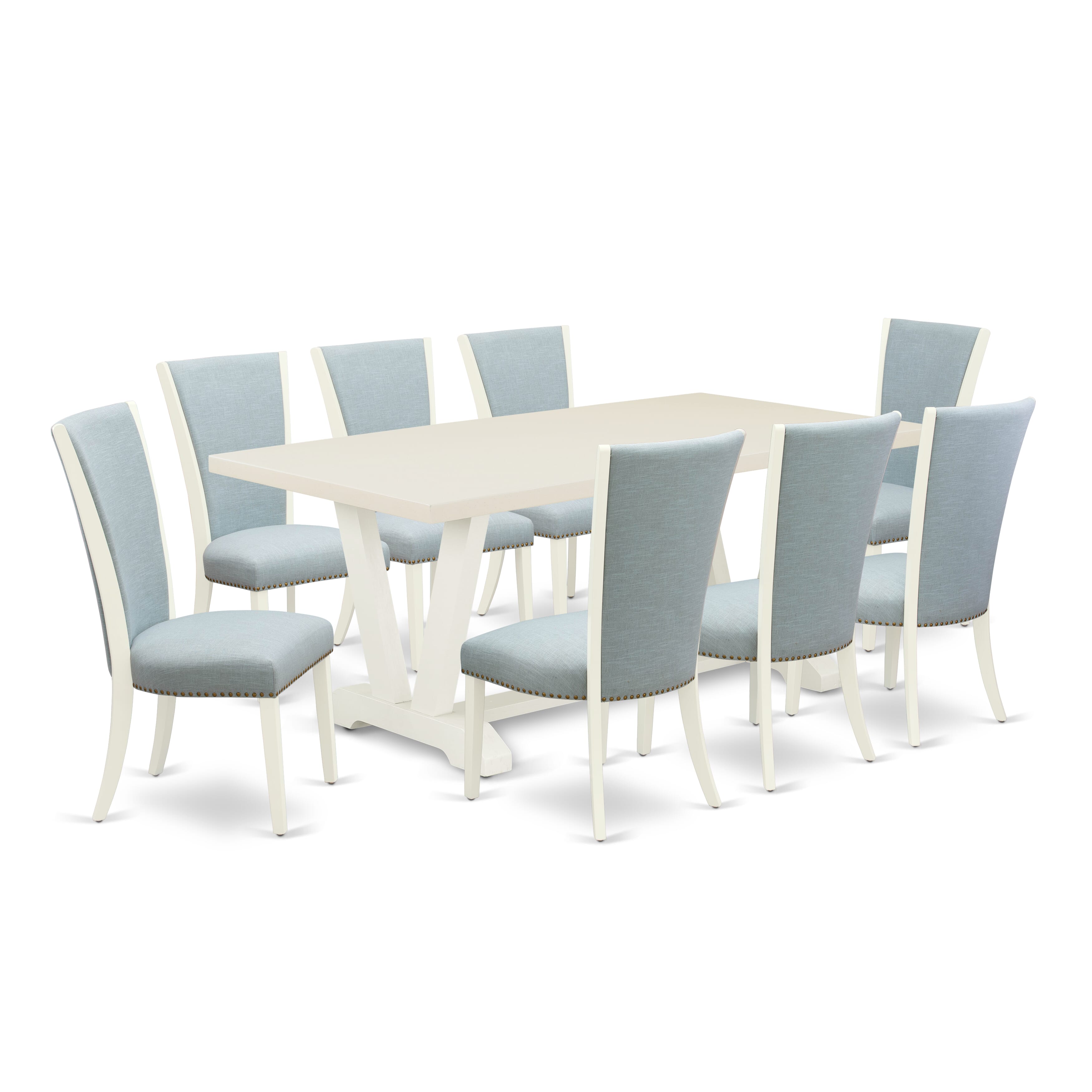 V027VE215-9 9 Piece Kitchen Table Set - 8 Baby Blue Linen Fabric Dining Room Chairs with Nail Heads and linen white Modern Kitchen Table - linen white Finish