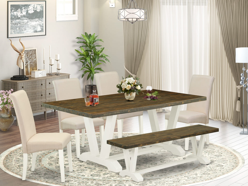 East West Furniture V076BA201-6 6-Piece Dining Room Table Set with Dining Table and Small Bench - 4 Linen Fabric Parson dining room chairs (linen white Finish)