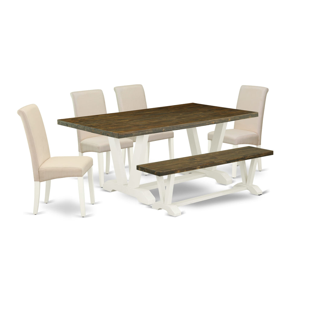 East West Furniture V076BA201-6 6-Piece Dining Room Table Set with Dining Table and Small Bench - 4 Linen Fabric Parson dining room chairs (linen white Finish)