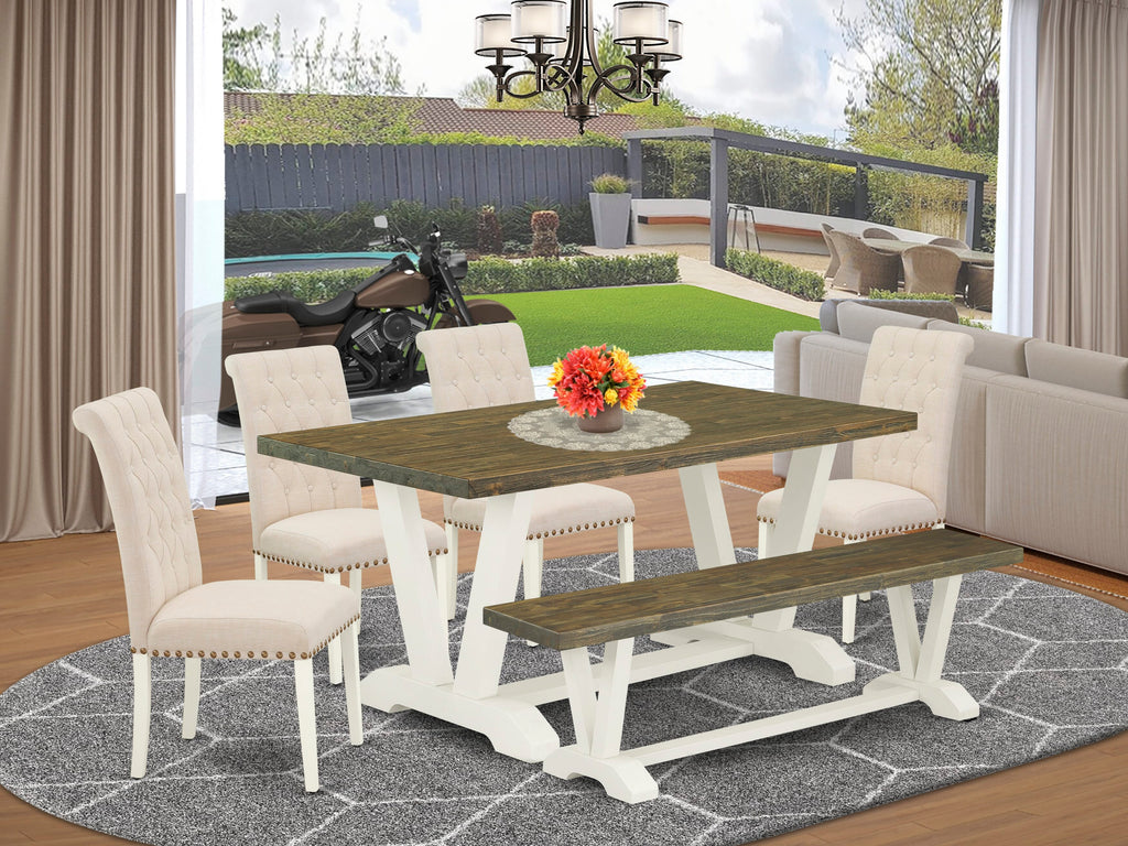 East West Furniture V076BR202-6 6-Piece Dining Table Set with Dining Table and Wood Bench - 4 Linen Fabric Parson dining room chairs (linen white Finish)