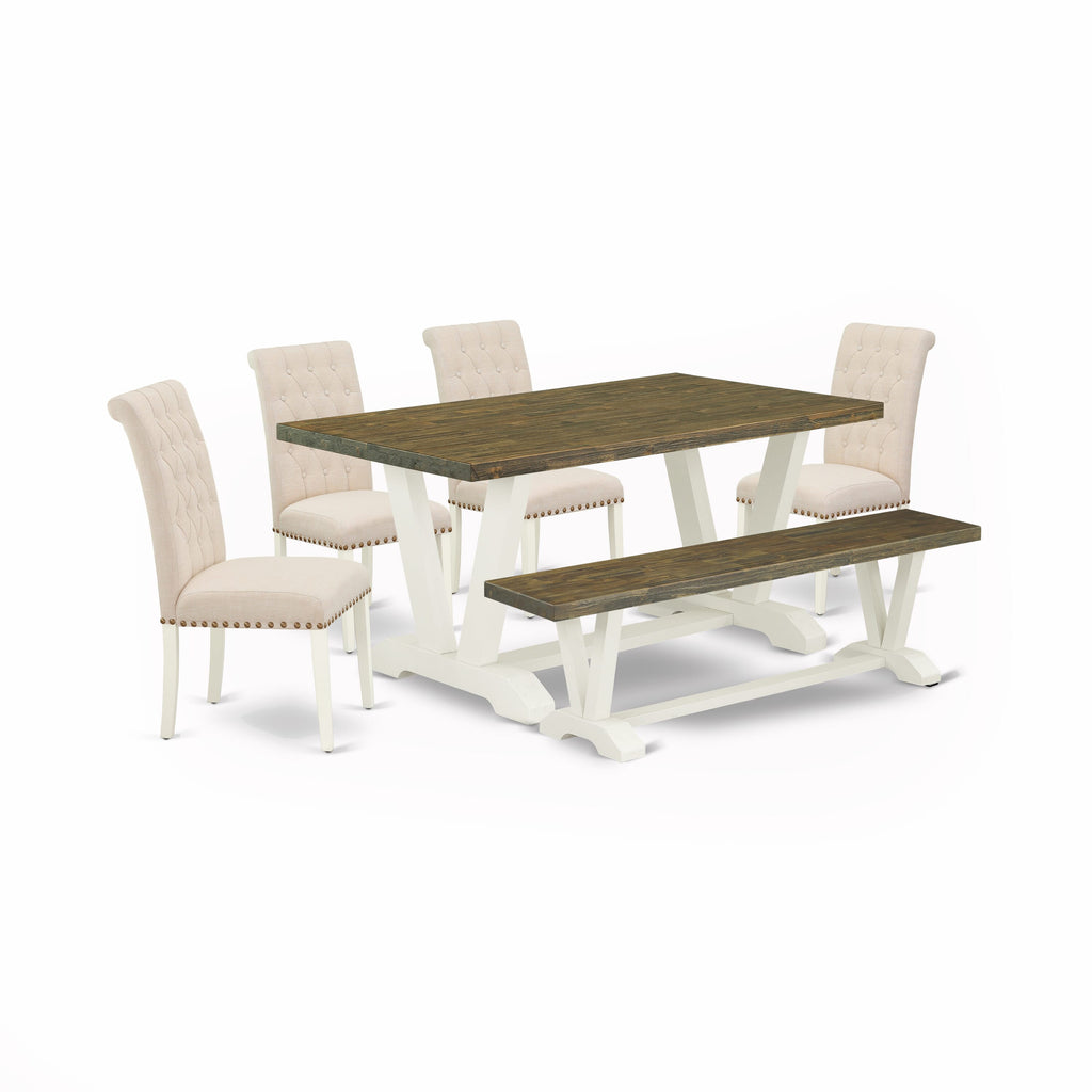 East West Furniture V076BR202-6 6-Piece Dining Table Set with Dining Table and Wood Bench - 4 Linen Fabric Parson dining room chairs (linen white Finish)