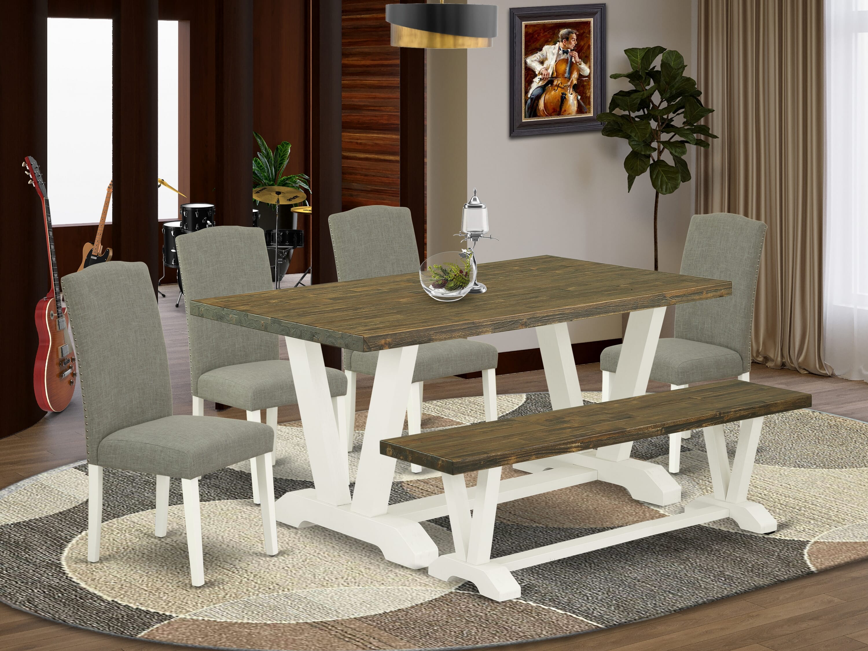 East West Furniture V076EN206-6 6-Piece Rectangular Table Set With Wood Dining Table and Wood Bench - 4 Linen Fabric kitchen chairs (linen white Finish)