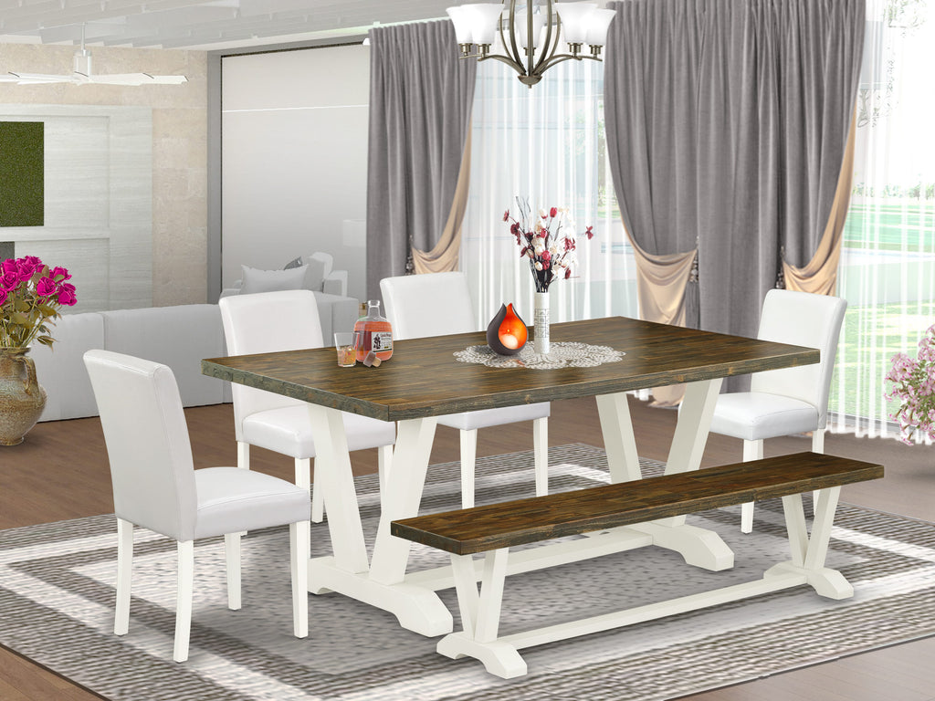 East West Furniture V077AB264-6 6-Piece Dining Room Table Set with Kitchen Table top and Wooden Bench Indoor - 4 PU faux Leather Dining Chairs (linen white Finish)