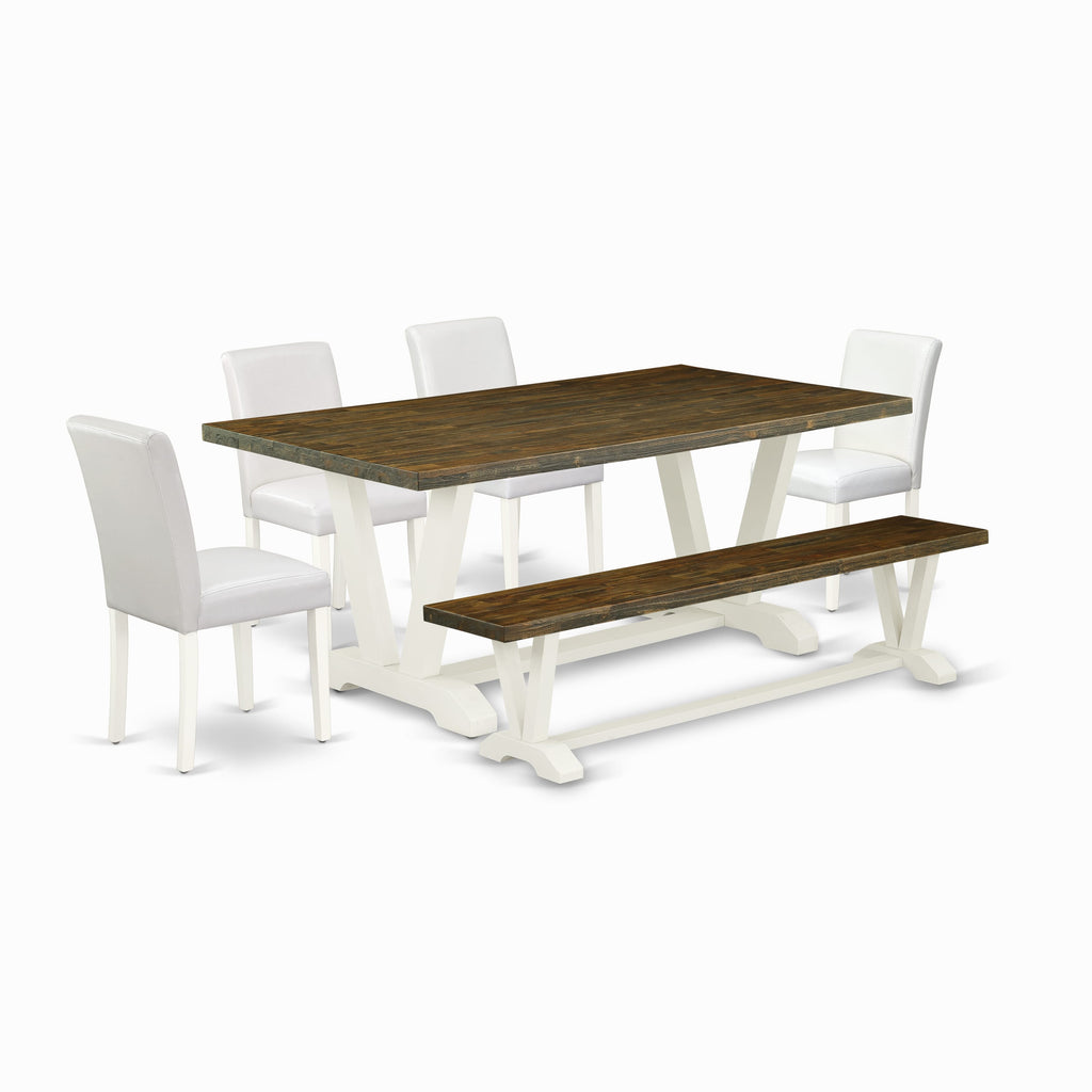 East West Furniture V077AB264-6 6-Piece Dining Room Table Set with Kitchen Table top and Wooden Bench Indoor - 4 PU faux Leather Dining Chairs (linen white Finish)