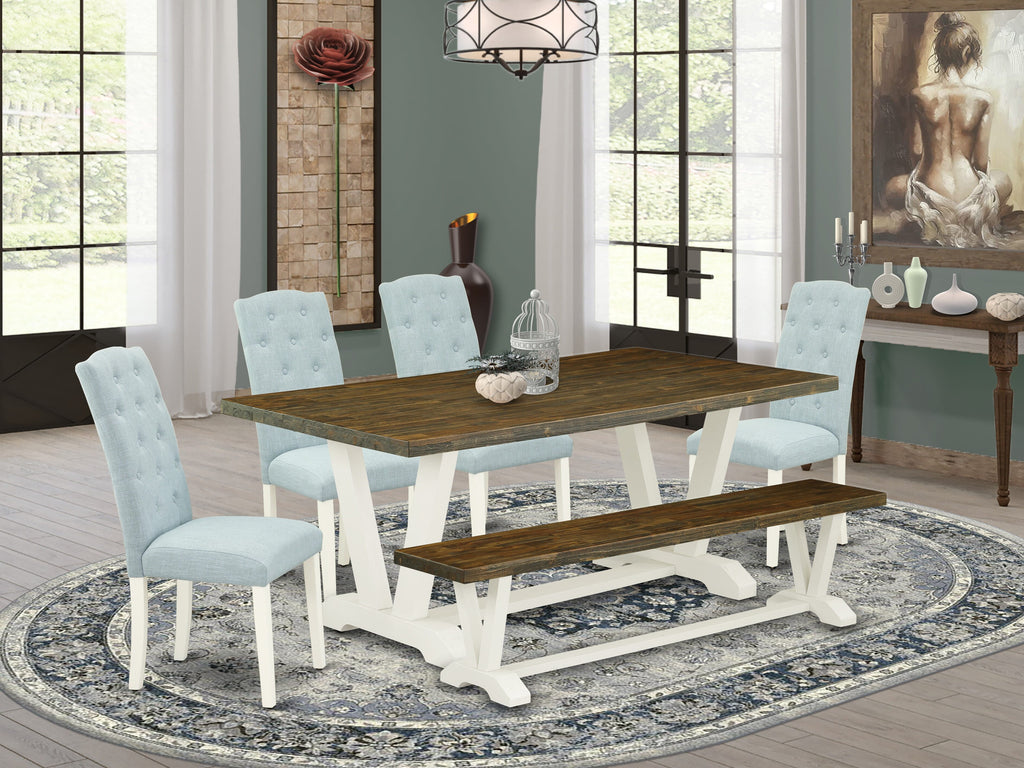 East West Furniture 6-Piece Dining Room Table Set- 4 Upholstered Dining Chairs with Baby Blue Linen Fabric Seat and Button Tufted Chair Back - Rectangular top & Wooden Legs Dining Room Table and Wooden Bench - Distressed Jacobean and linen white Finish