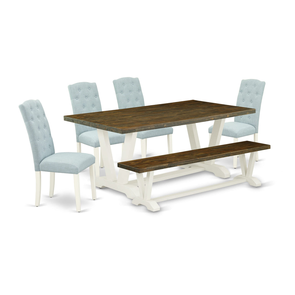 East West Furniture 6-Piece Dining Room Table Set- 4 Upholstered Dining Chairs with Baby Blue Linen Fabric Seat and Button Tufted Chair Back - Rectangular top & Wooden Legs Dining Room Table and Wooden Bench - Distressed Jacobean and linen white Finish