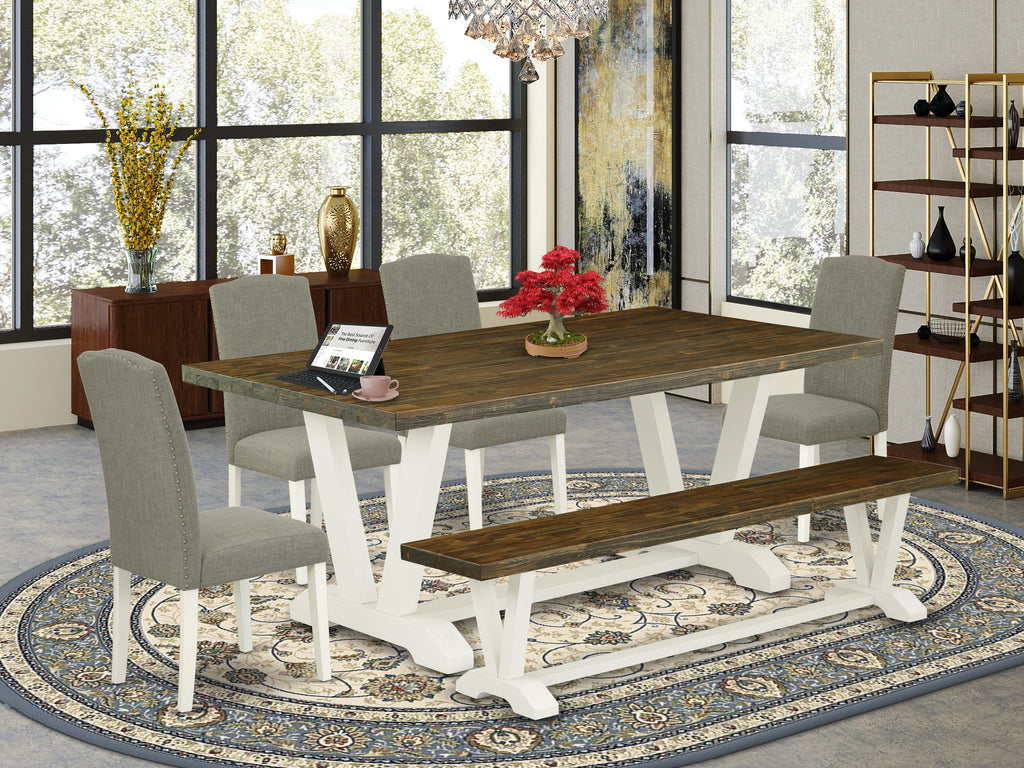 East West Furniture V077EN206-6 6-Piece Dining Set with Kitchen Table and Dining Bench - 4 Linen Fabric Upholstered Dining Chairs (linen white Finish)