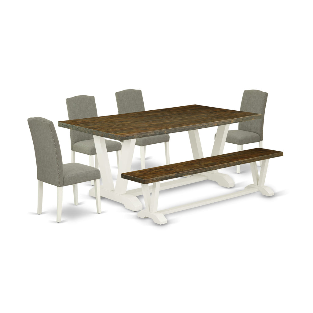 East West Furniture V077EN206-6 6-Piece Dining Set with Kitchen Table and Dining Bench - 4 Linen Fabric Upholstered Dining Chairs (linen white Finish)