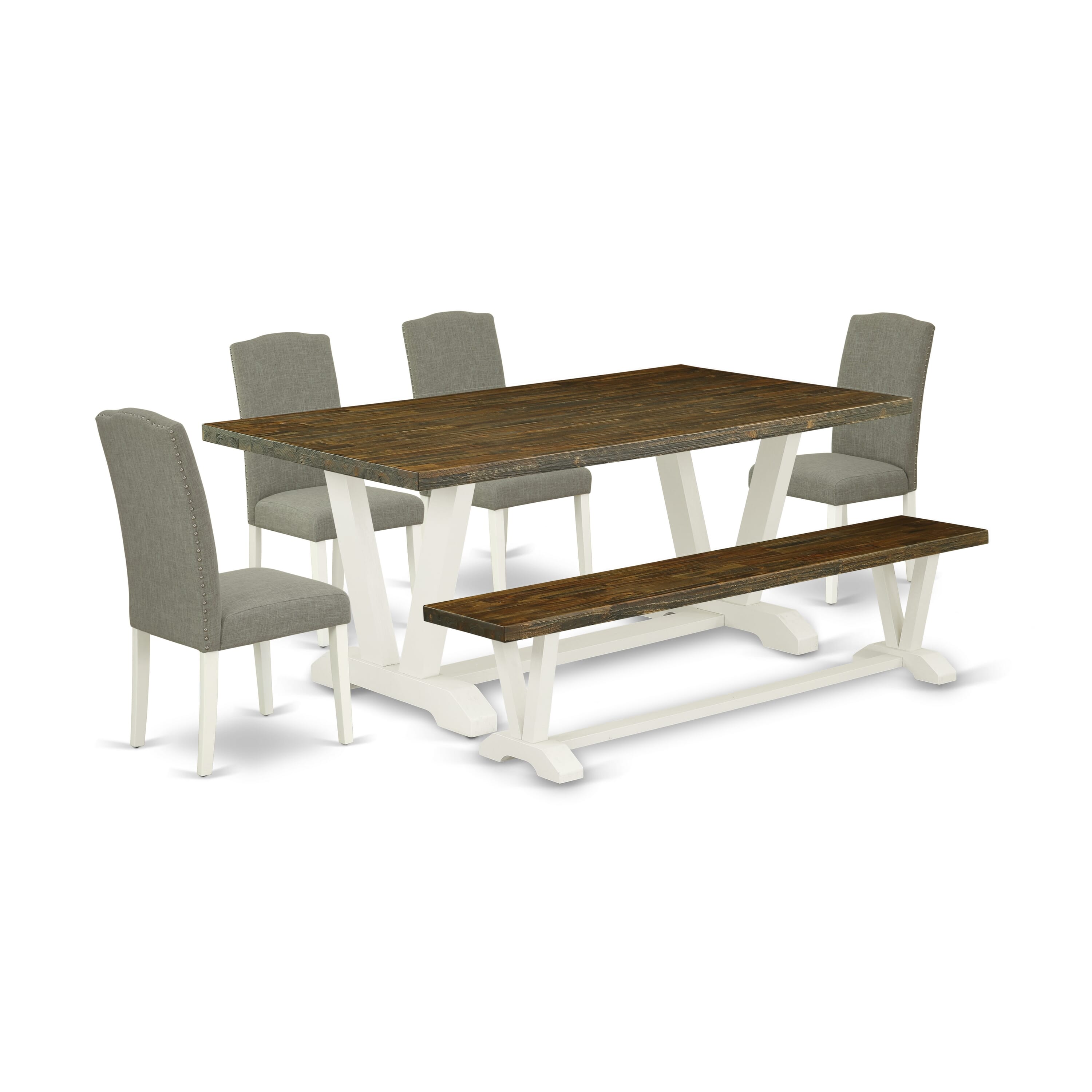 East West Furniture V077EN206-6 6-Piece Dining Set with Kitchen Table and Dining Bench - 4 Linen Fabric Upholstered Dining Chairs (linen white Finish)
