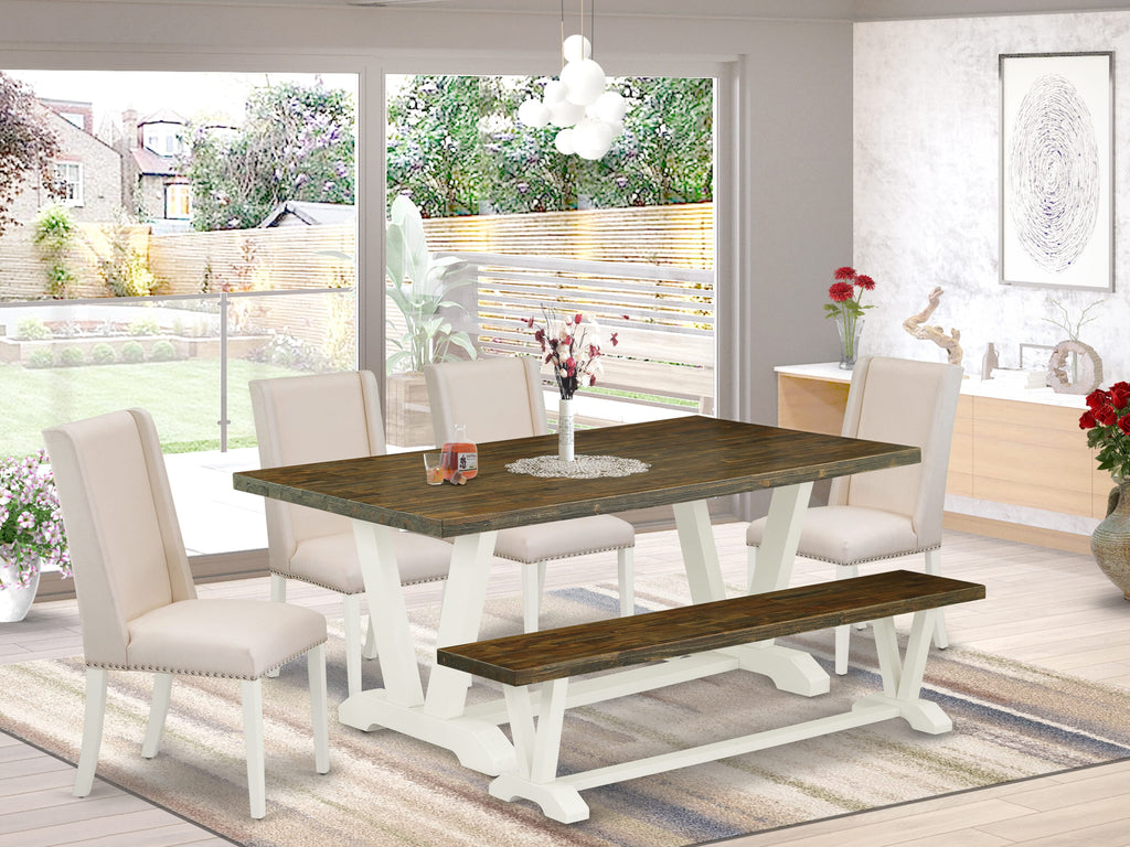 East West Furniture V077FL201-6 6-Piece Rectangular Dining Room Table Set with Kitchen Rectangular Table and Dining Bench - 4 Linen Fabric Dining Chairs (linen white Finish)