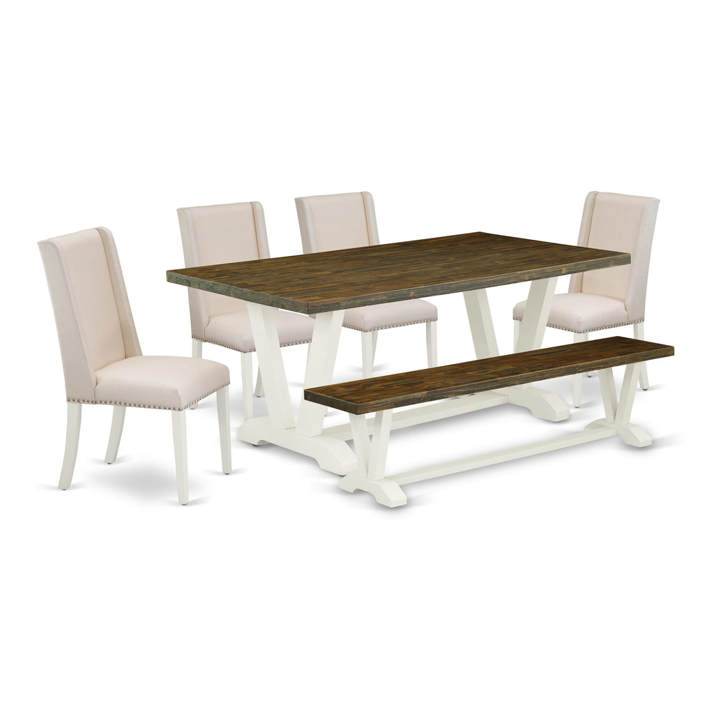 East West Furniture V077FL201-6 6-Piece Rectangular Dining Room Table Set with Kitchen Rectangular Table and Dining Bench - 4 Linen Fabric Dining Chairs (linen white Finish)