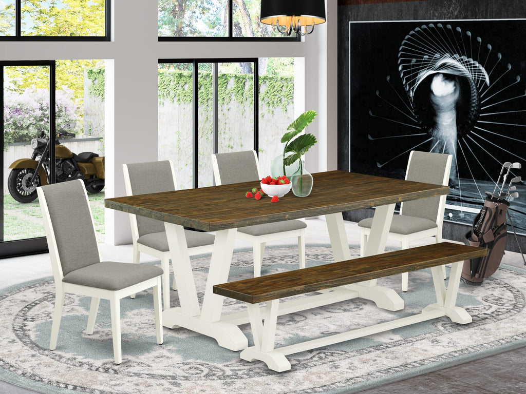 East West Furniture V077LA206-6 6-Piece Dining Table Set with Wood Table and Wooden Bench Indoor - 4 Linen Fabric Parson dining room chairs (linen white Finish)