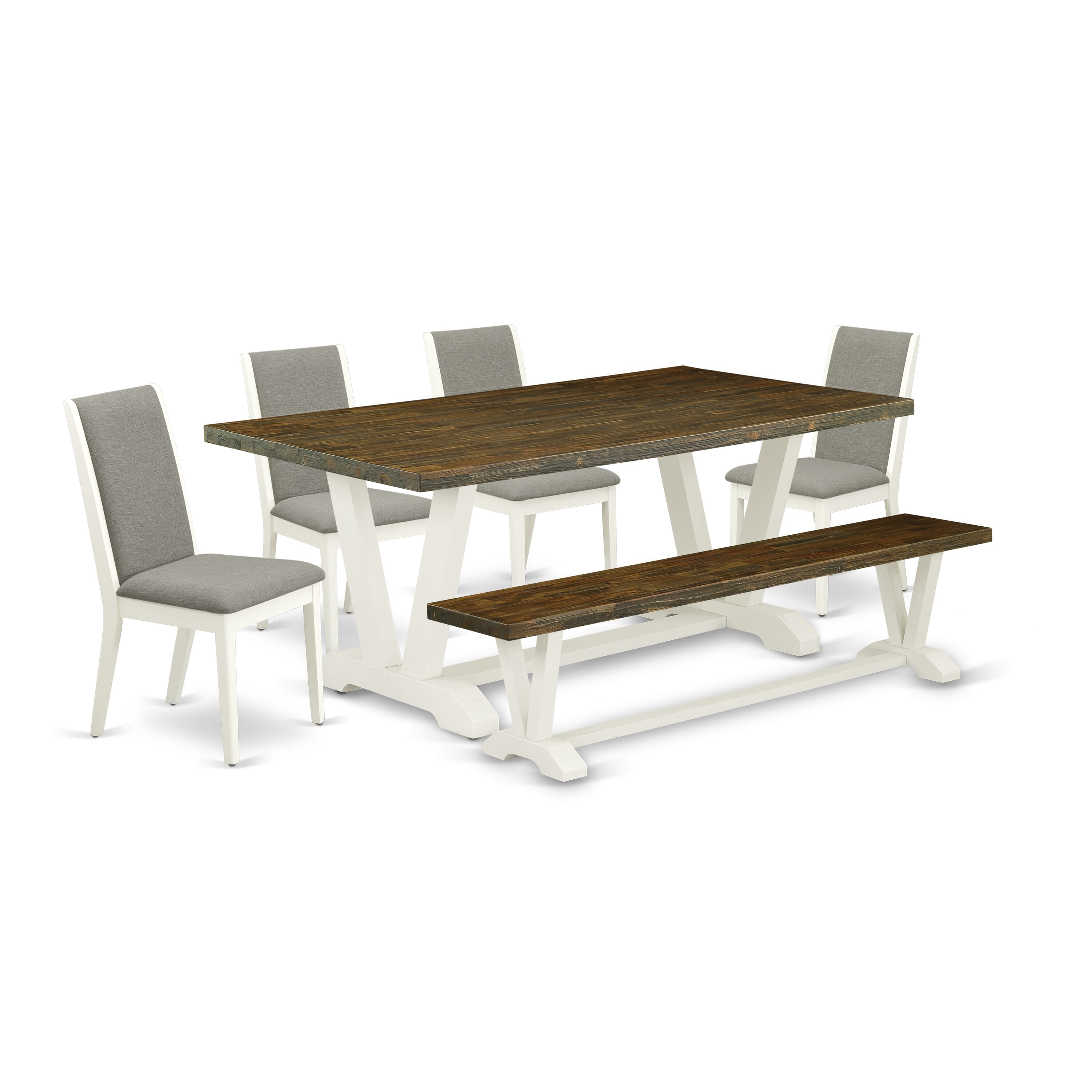 East West Furniture V077LA206-6 6-Piece Dining Table Set with Wood Table and Wooden Bench Indoor - 4 Linen Fabric Parson dining room chairs (linen white Finish)