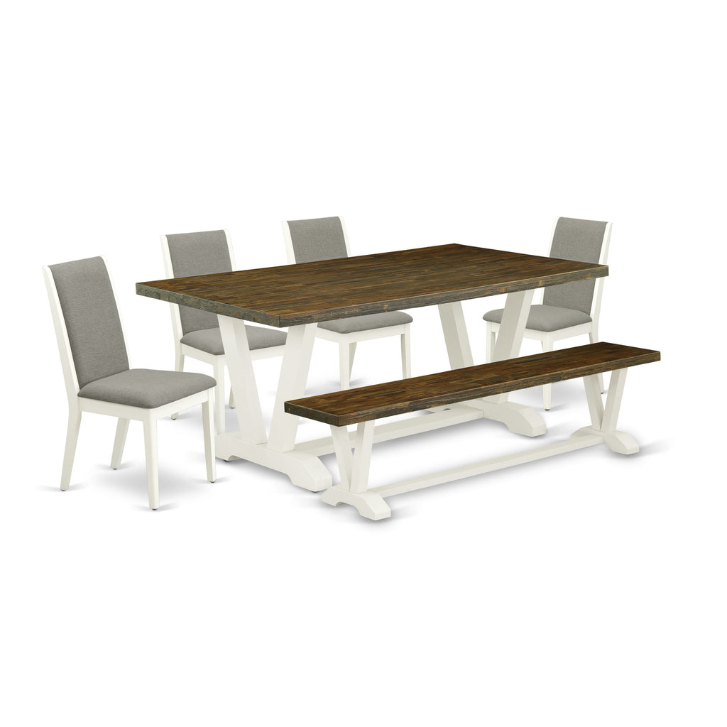 East West Furniture V077LA206-6 6-Piece Dining Table Set with Wood Table and Wooden Bench Indoor - 4 Linen Fabric Parson dining room chairs (linen white Finish)
