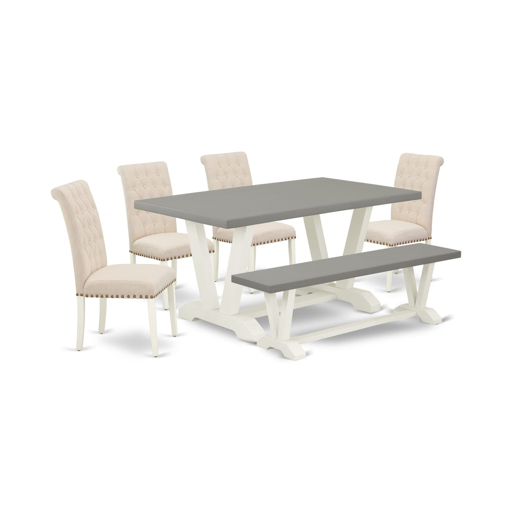 East West Furniture V096BR202-6 6-Piece kitchen table set with Modern Dining Table and Dining Room Bench - 4 Linen Fabric Kitchen Chairs (linen white Finish)