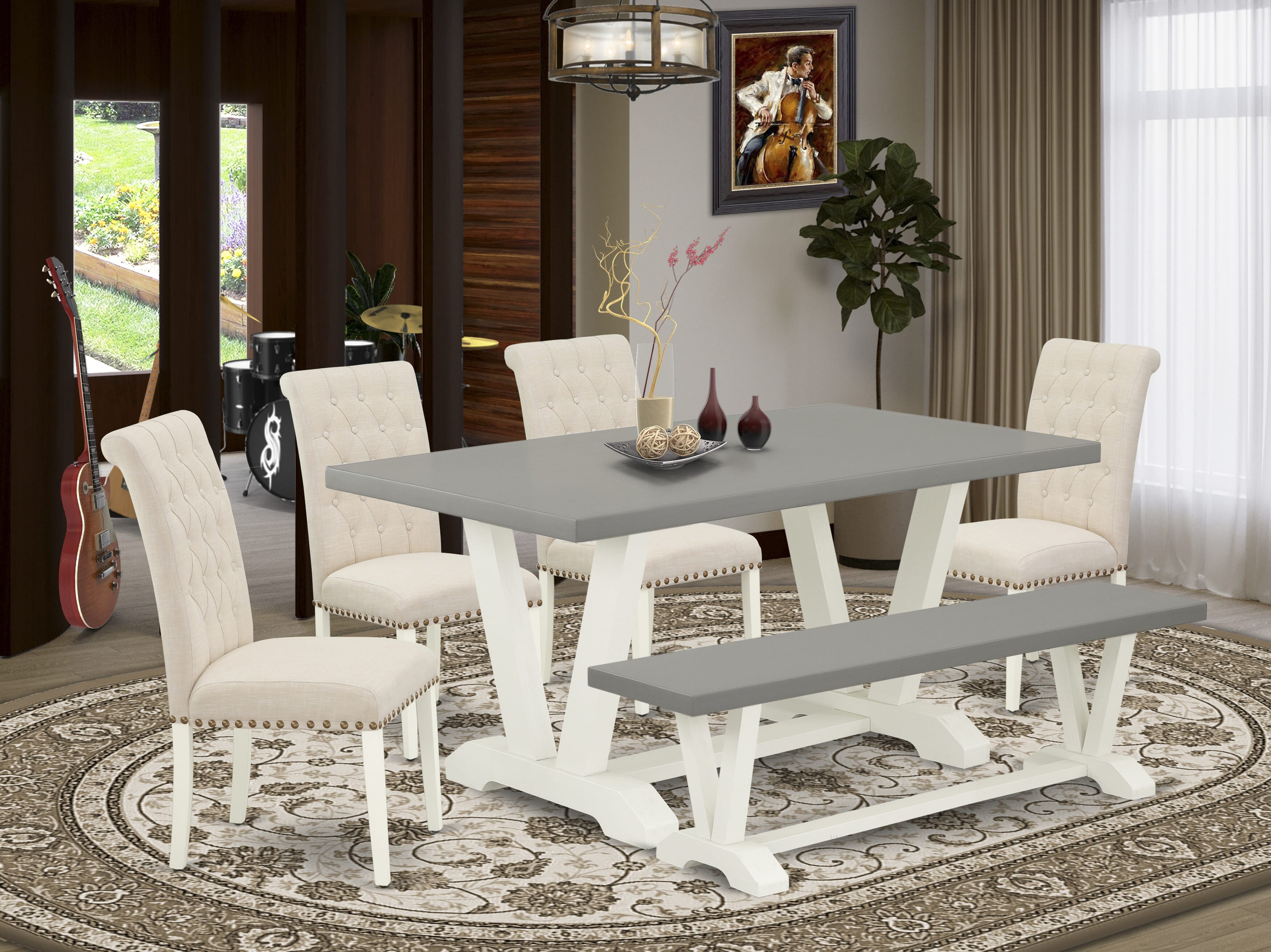 East West Furniture V096BR202-6 6-Piece kitchen table set with Modern Dining Table and Dining Room Bench - 4 Linen Fabric Kitchen Chairs (linen white Finish)
