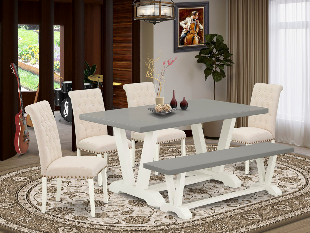 East West Furniture V096BR202-6 6-Piece kitchen table set with Modern Dining Table and Dining Room Bench - 4 Linen Fabric Kitchen Chairs (linen white Finish)