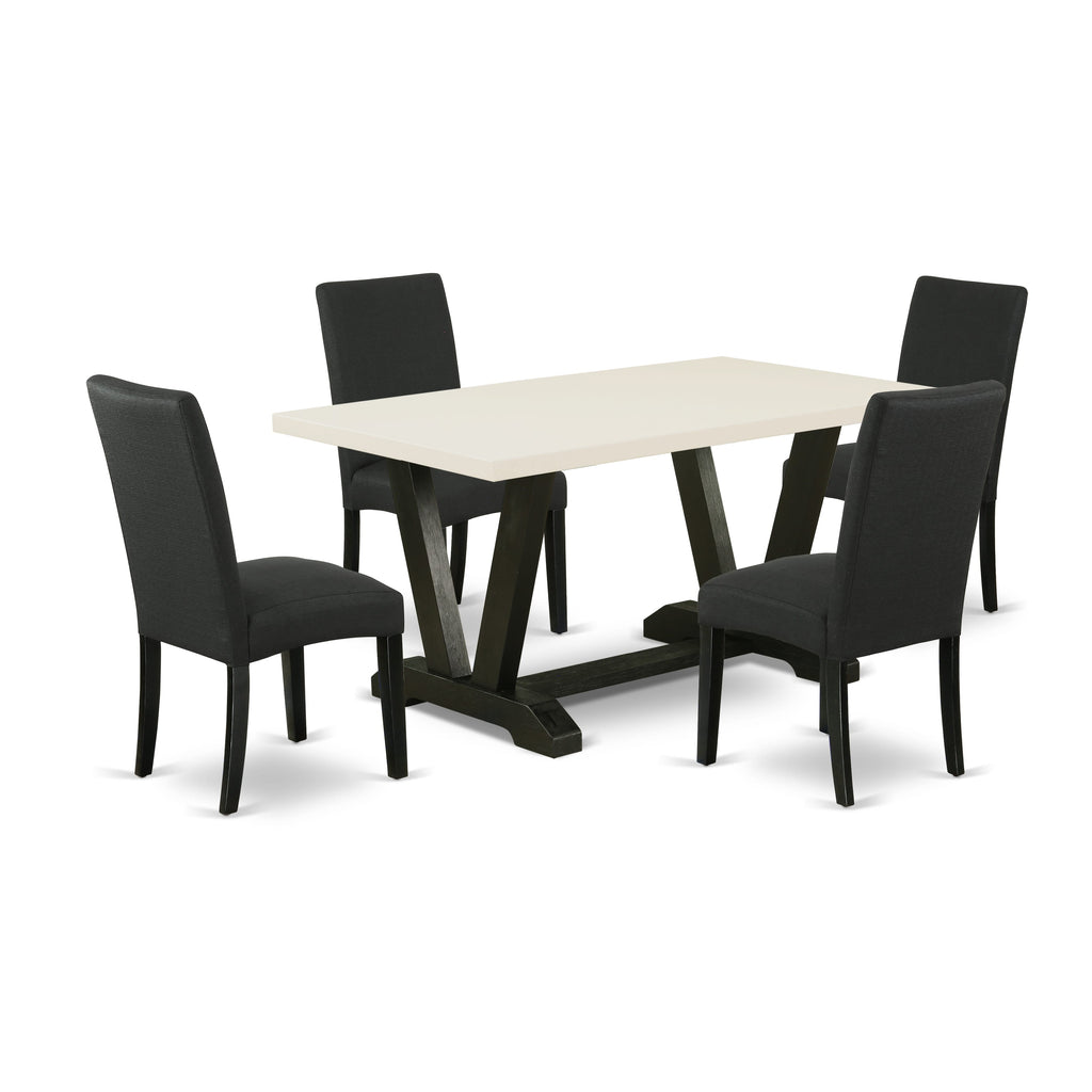 East West Furniture V626DR124-5 5-Pc Dining Table Set- 4 Upholstered Dining Chairs with Black Linen Fabric Seat and Stylish Chair Back - Kitchen Dining Table - linen white Finish