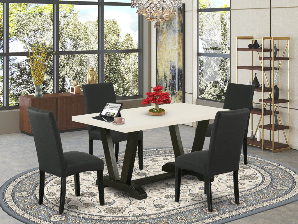 East West Furniture V626DR124-5 5-Pc Dining Table Set- 4 Upholstered Dining Chairs with Black Linen Fabric Seat and Stylish Chair Back - Kitchen Dining Table - linen white Finish