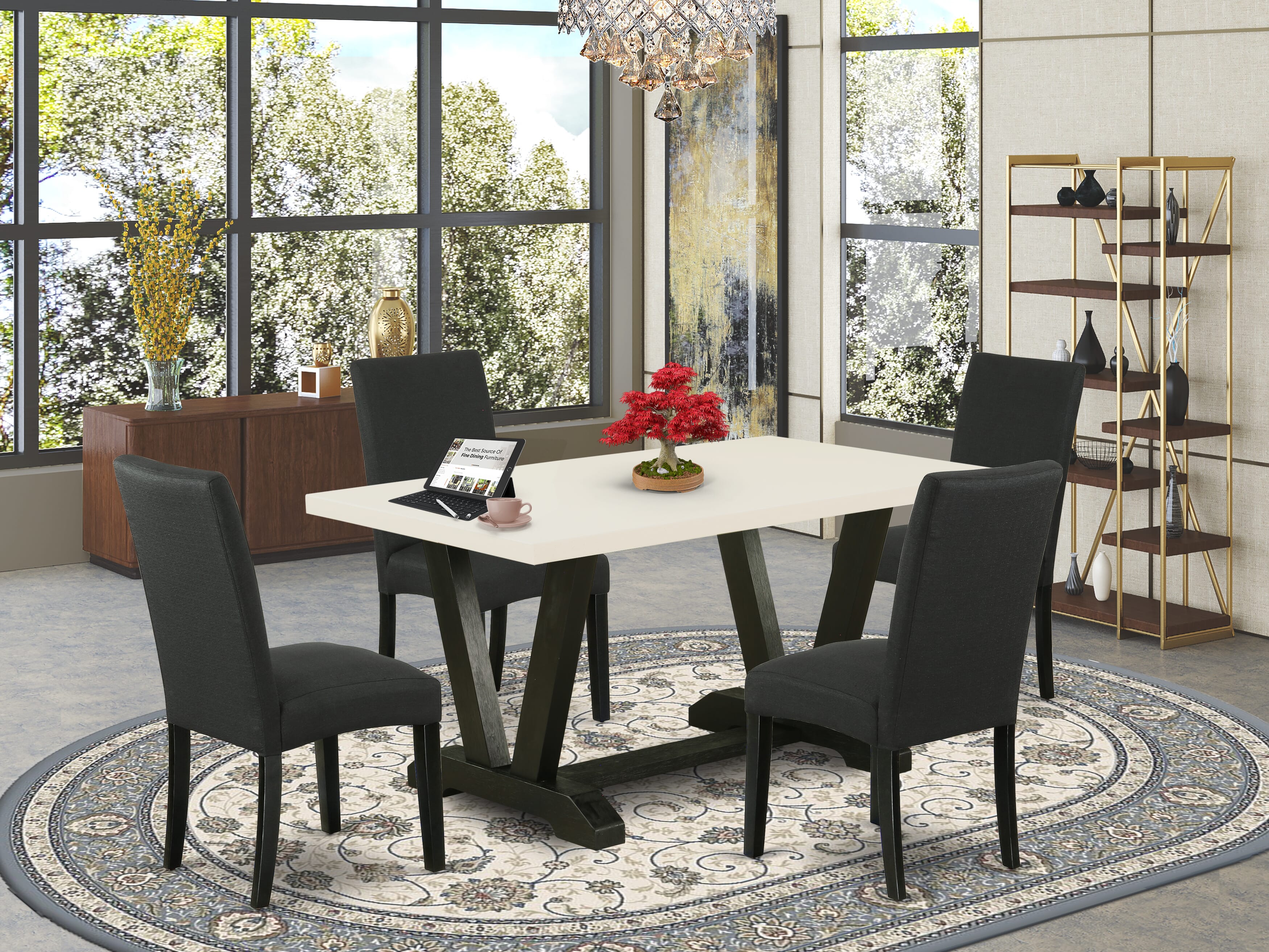 East West Furniture V626DR124-5 5-Pc Dining Table Set- 4 Upholstered Dining Chairs with Black Linen Fabric Seat and Stylish Chair Back - Kitchen Dining Table - linen white Finish