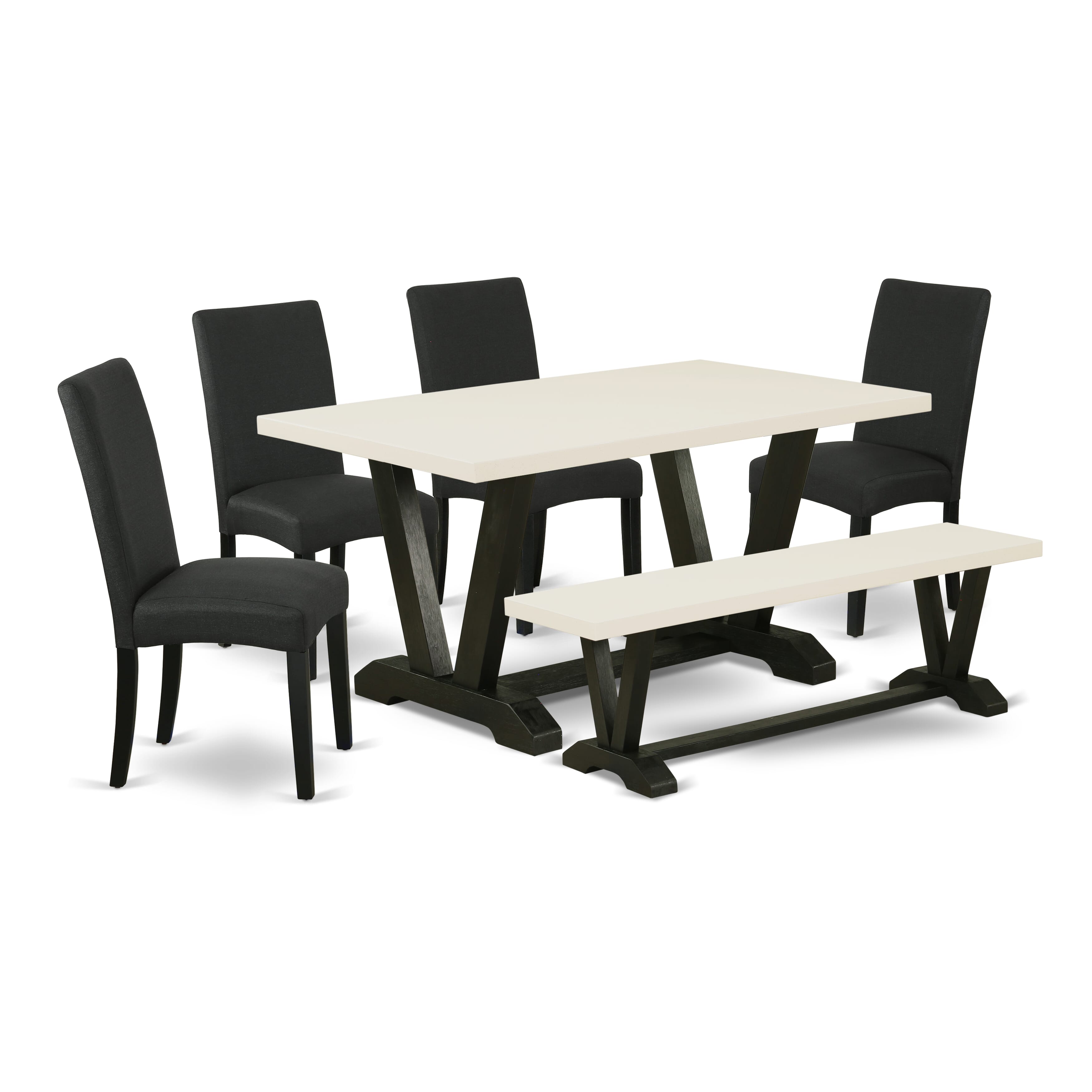 Juego de cocina y comedor East West Furniture V626DR124-6 de 6 piezas: 4 sillas de comedor con asiento de tela de lino negro y elegante respaldo, tablero rectangular y patas de madera, mesa de comedor y banco de comedor, acabado en lino blanco y negro.
