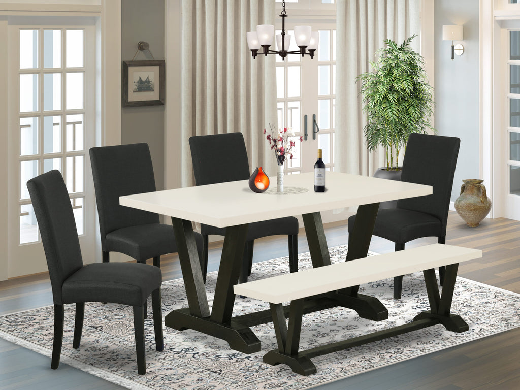 Juego de cocina y comedor East West Furniture V626DR124-6 de 6 piezas: 4 sillas de comedor con asiento de tela de lino negro y elegante respaldo, tablero rectangular y patas de madera, mesa de comedor y banco de comedor, acabado en lino blanco y negro.