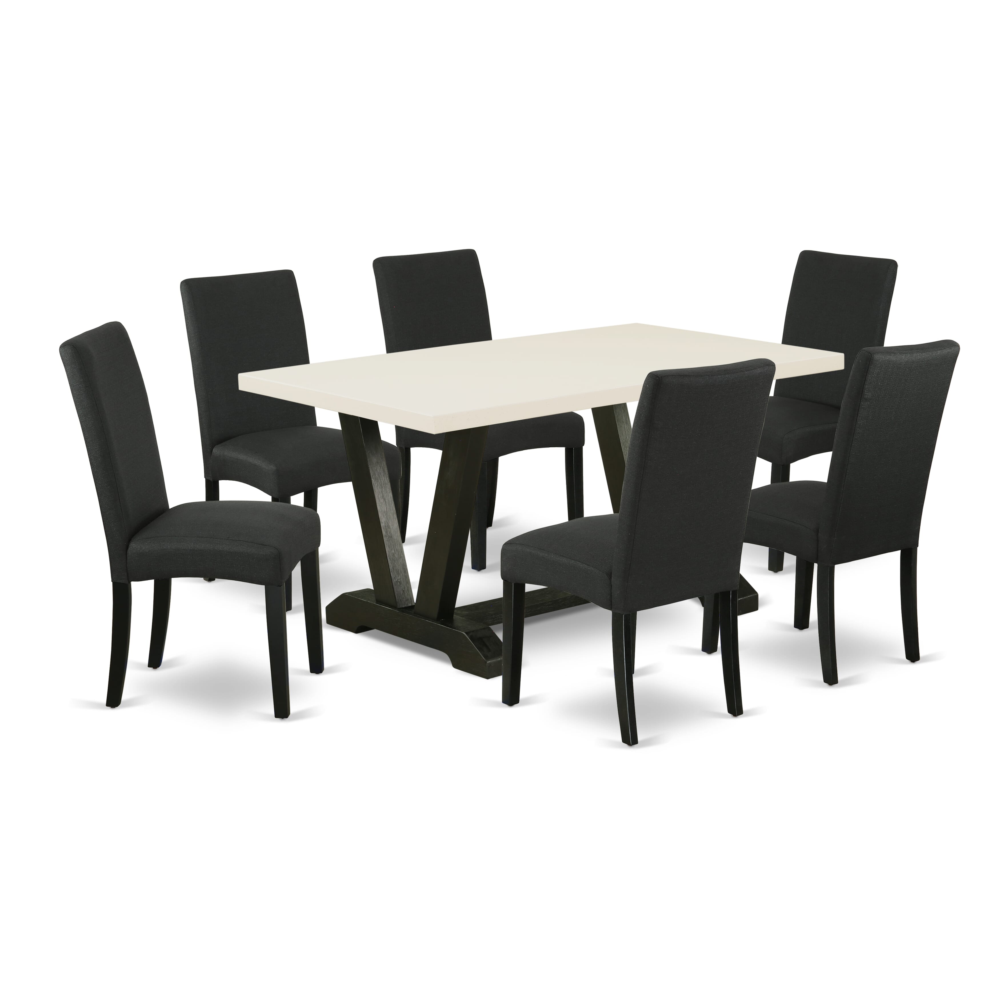 Juego de mesa de comedor East West Furniture V626DR124-7 de 7 piezas, 6 sillas Parson con asiento de tela de lino negro y elegante respaldo, tablero rectangular y patas de madera, acabado en blanco lino y negro.