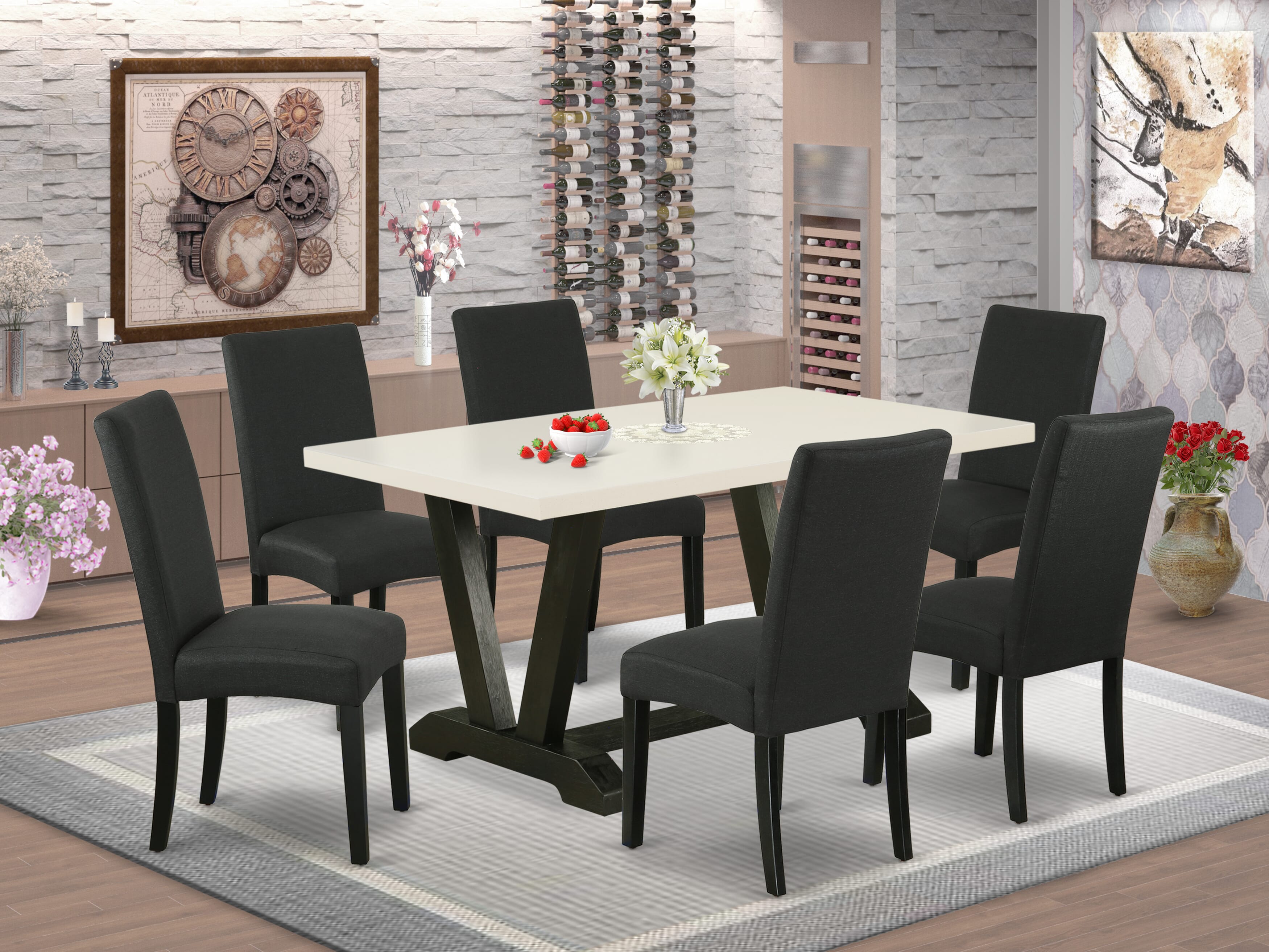 Juego de mesa de comedor East West Furniture V626DR124-7 de 7 piezas, 6 sillas Parson con asiento de tela de lino negro y elegante respaldo, tablero rectangular y patas de madera, acabado en blanco lino y negro.