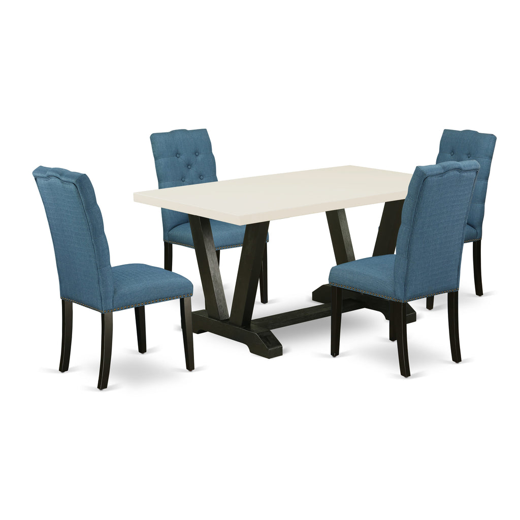Hermoso juego de mesa de comedor rectangular de 5 piezas East West Furniture V626EL121-5, con una excelente superficie de mesa de comedor blanca de lino y 4 impresionantes sillas de comedor de tela de lino con tachuelas y respaldo capitoné con botones.