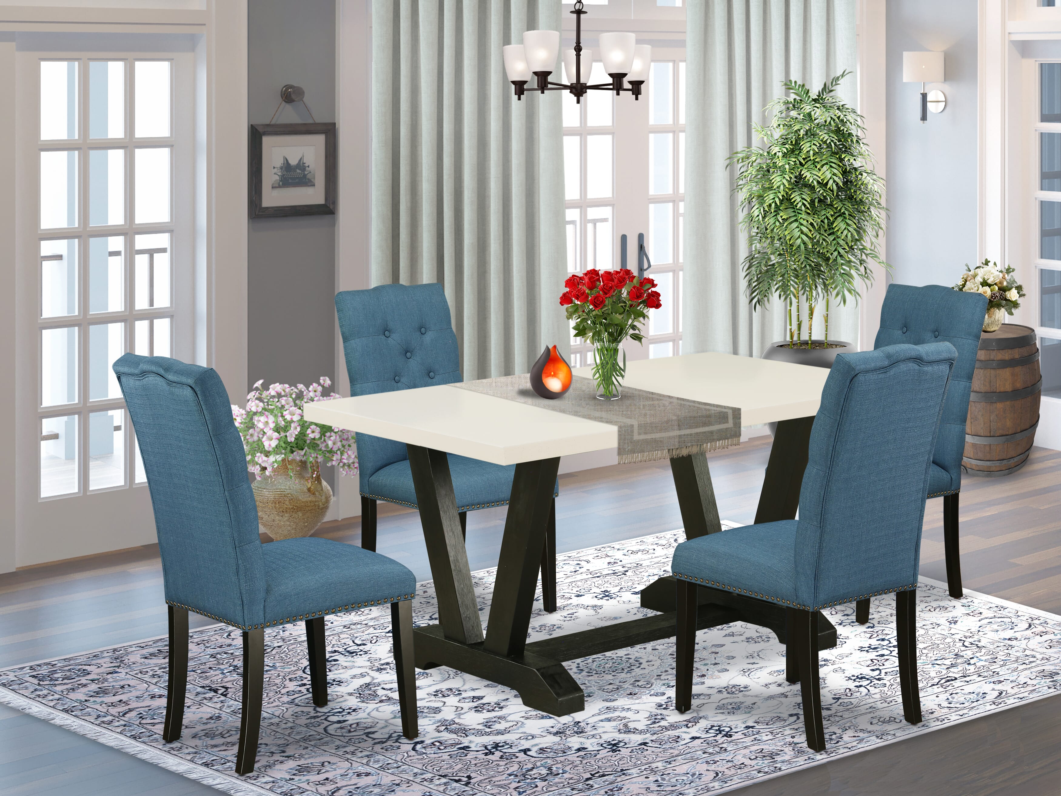 Hermoso juego de mesa de comedor rectangular de 5 piezas East West Furniture V626EL121-5, con una excelente superficie de mesa de comedor blanca de lino y 4 impresionantes sillas de comedor de tela de lino con tachuelas y respaldo capitoné con botones.