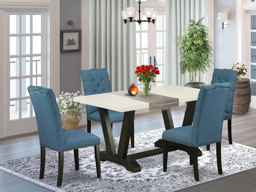 Hermoso juego de mesa de comedor rectangular de 5 piezas East West Furniture V626EL121-5, con una excelente superficie de mesa de comedor blanca de lino y 4 impresionantes sillas de comedor de tela de lino con tachuelas y respaldo capitoné con botones.