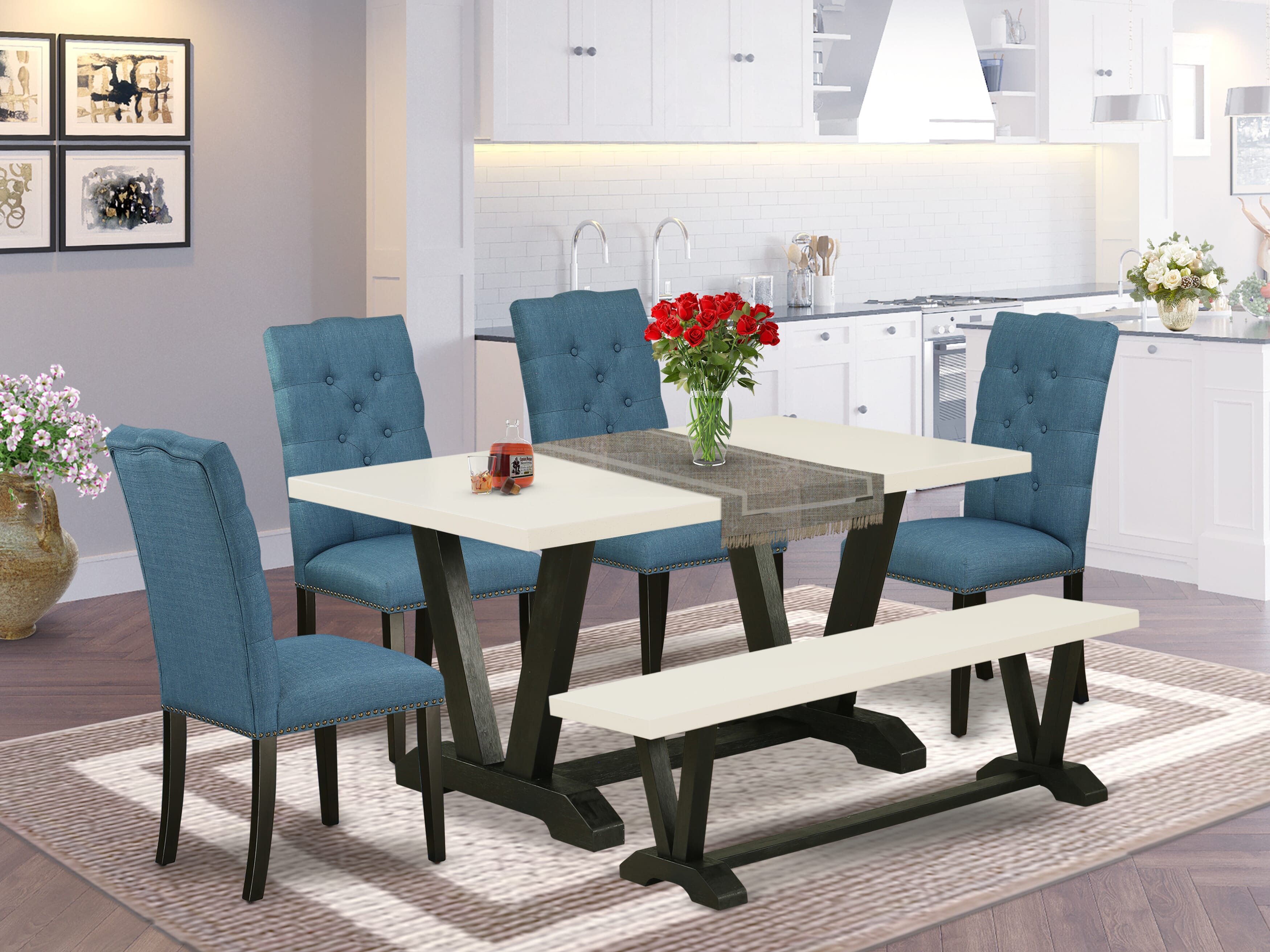 Juego de comedor moderno East West Furniture V626EL121-6 de 6 piezas con una mesa de cocina excepcional en blanco lino y un banco de comedor en blanco lino, además de 4 hermosas sillas Parson de tela de lino con tachuelas y respaldo capitoné con botones.