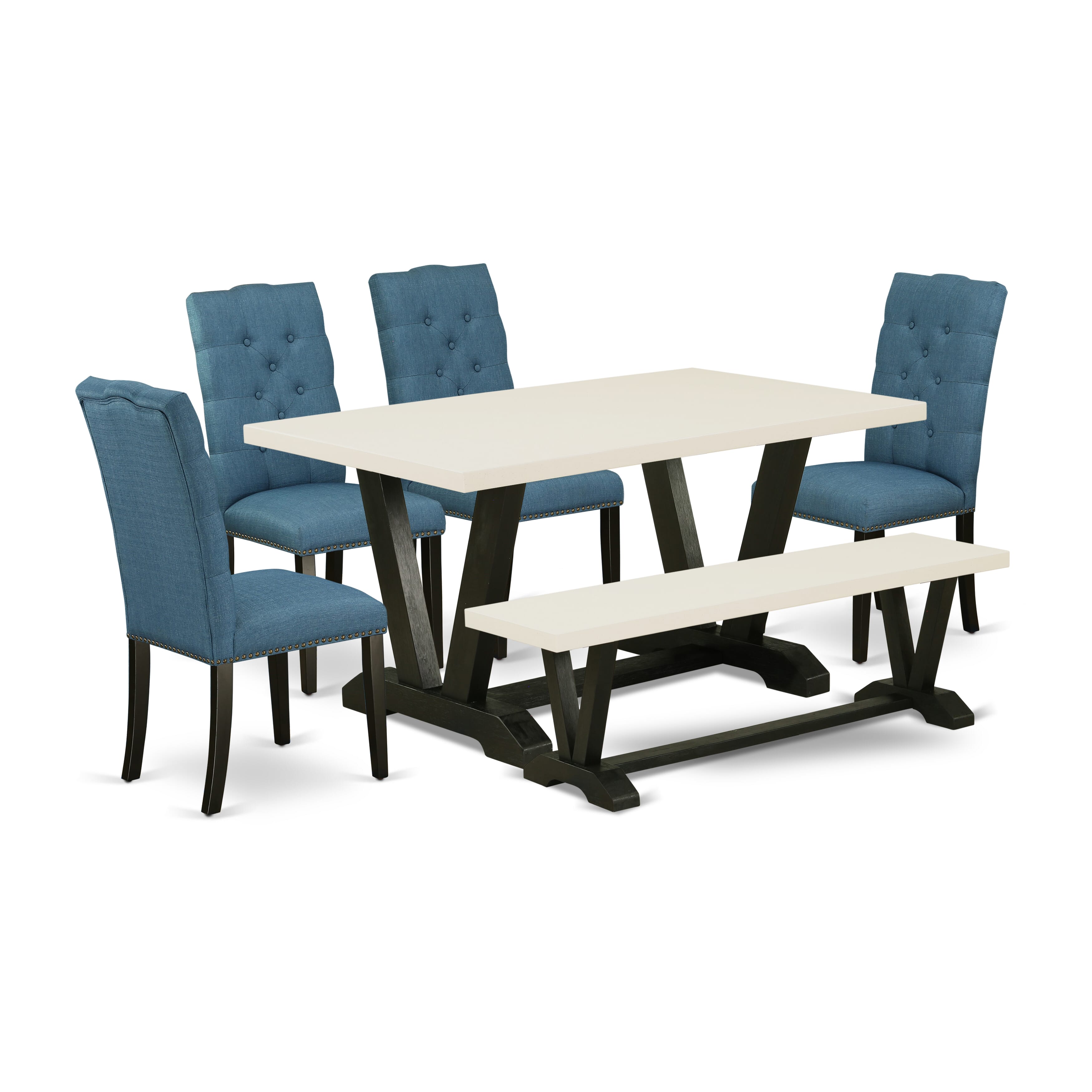 Juego de comedor moderno East West Furniture V626EL121-6 de 6 piezas con una mesa de cocina excepcional en blanco lino y un banco de comedor en blanco lino, además de 4 hermosas sillas Parson de tela de lino con tachuelas y respaldo capitoné con botones.