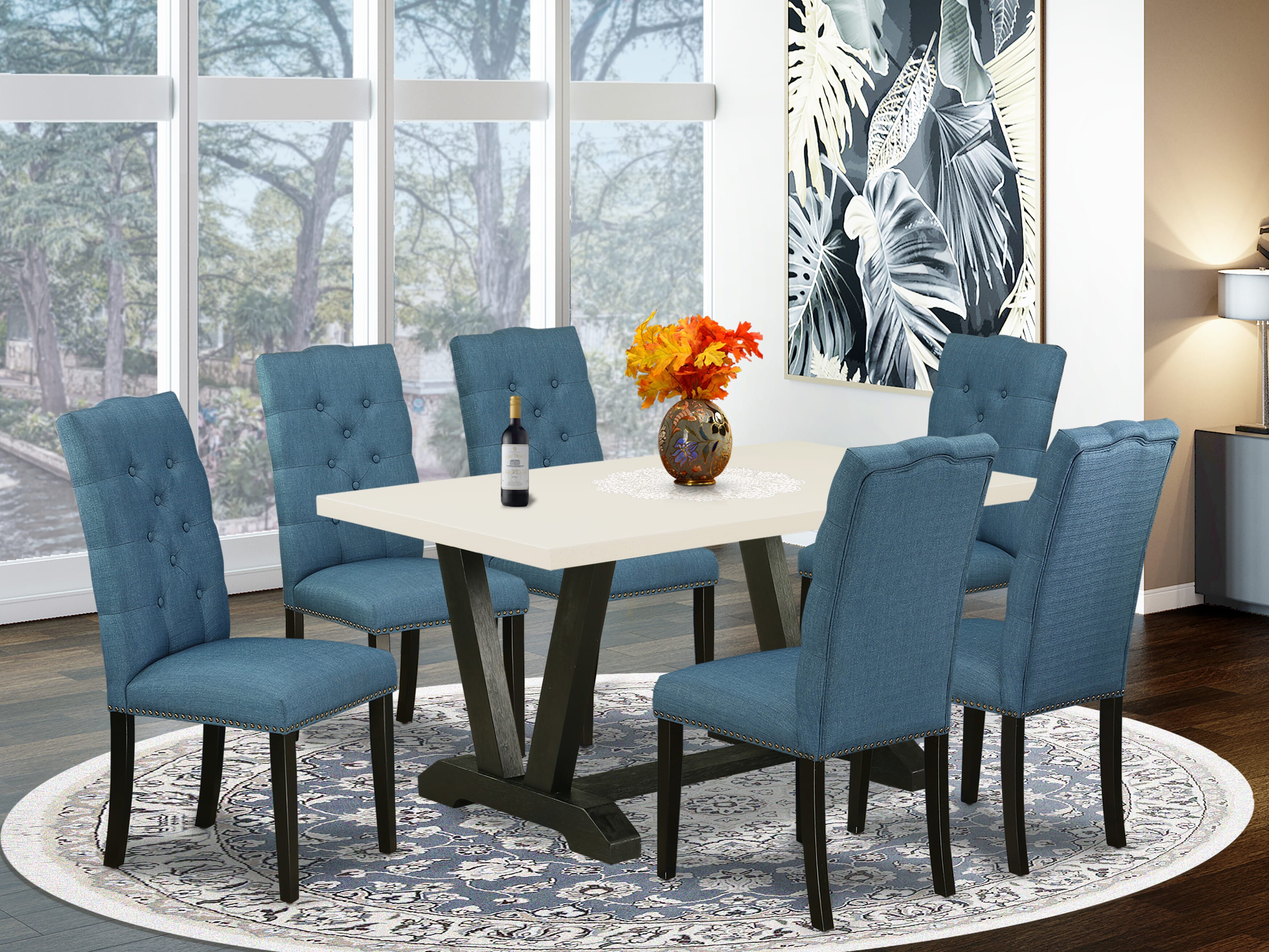 Hermoso juego de mesa rectangular de 7 piezas East West Furniture V626EL121-7, con una excepcional superficie de mesa de comedor de lino blanco y 6 hermosas sillas de comedor de tela de lino con tachuelas y respaldo capitoné con botones.