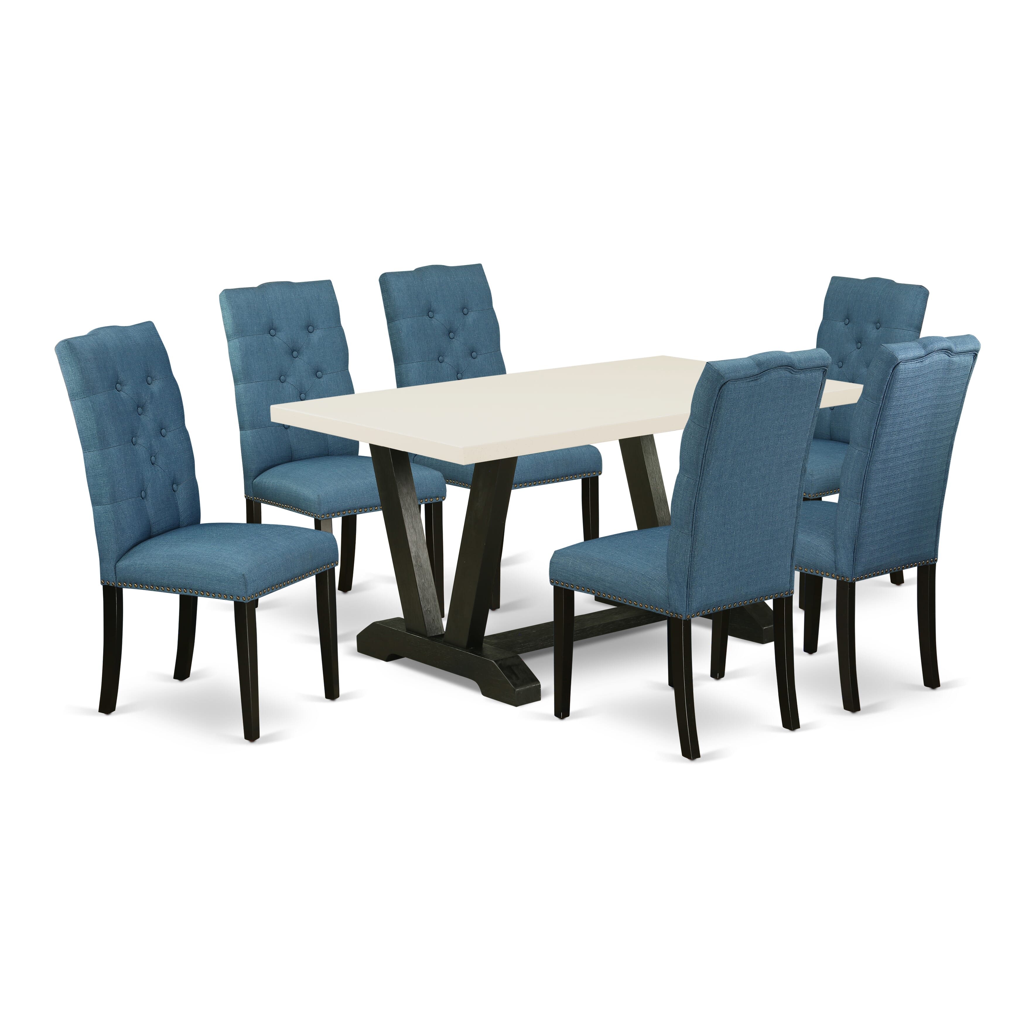Hermoso juego de mesa rectangular de 7 piezas East West Furniture V626EL121-7, con una excepcional superficie de mesa de comedor de lino blanco y 6 hermosas sillas de comedor de tela de lino con tachuelas y respaldo capitoné con botones.