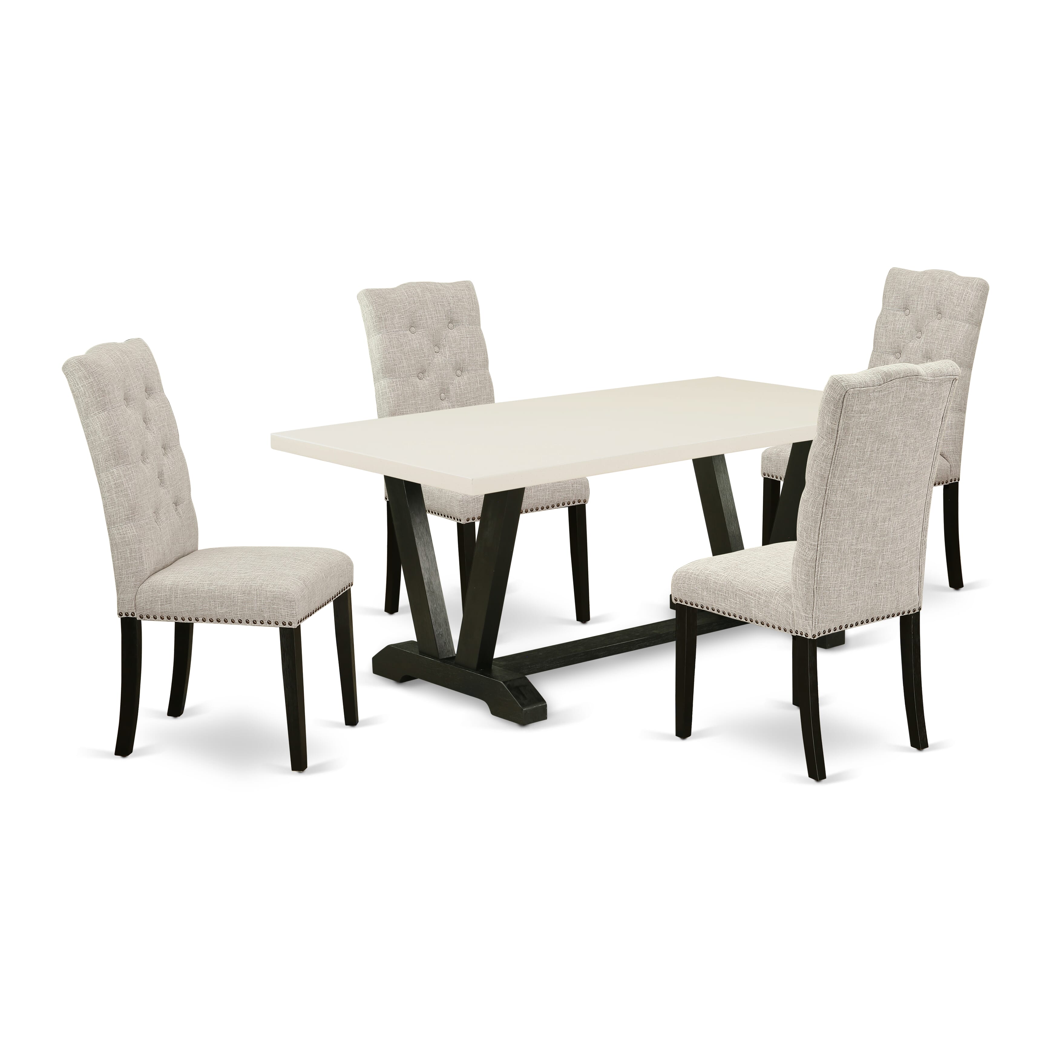 Juego de comedor rectangular de 5 piezas de East West Furniture. Incluye 4 sillas de comedor, asiento tapizado, respaldo alto con botones capitoné y mesa de comedor rectangular de mediados de siglo con tablero rectangular de lino blanco, acabado negro.