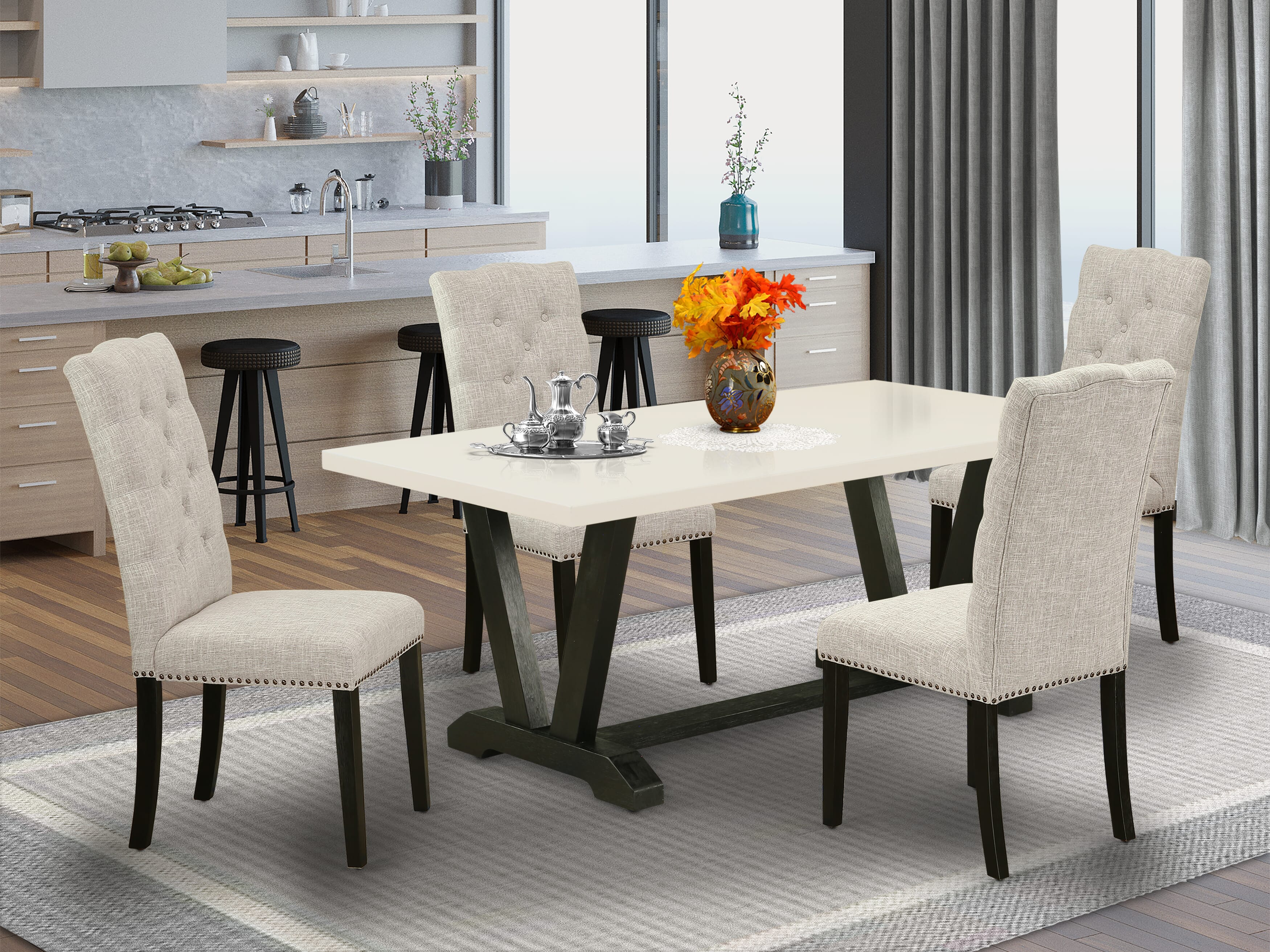 Juego de comedor rectangular de 5 piezas de East West Furniture. Incluye 4 sillas de comedor, asiento tapizado, respaldo alto con botones capitoné y mesa de comedor rectangular de mediados de siglo con tablero rectangular de lino blanco, acabado negro.