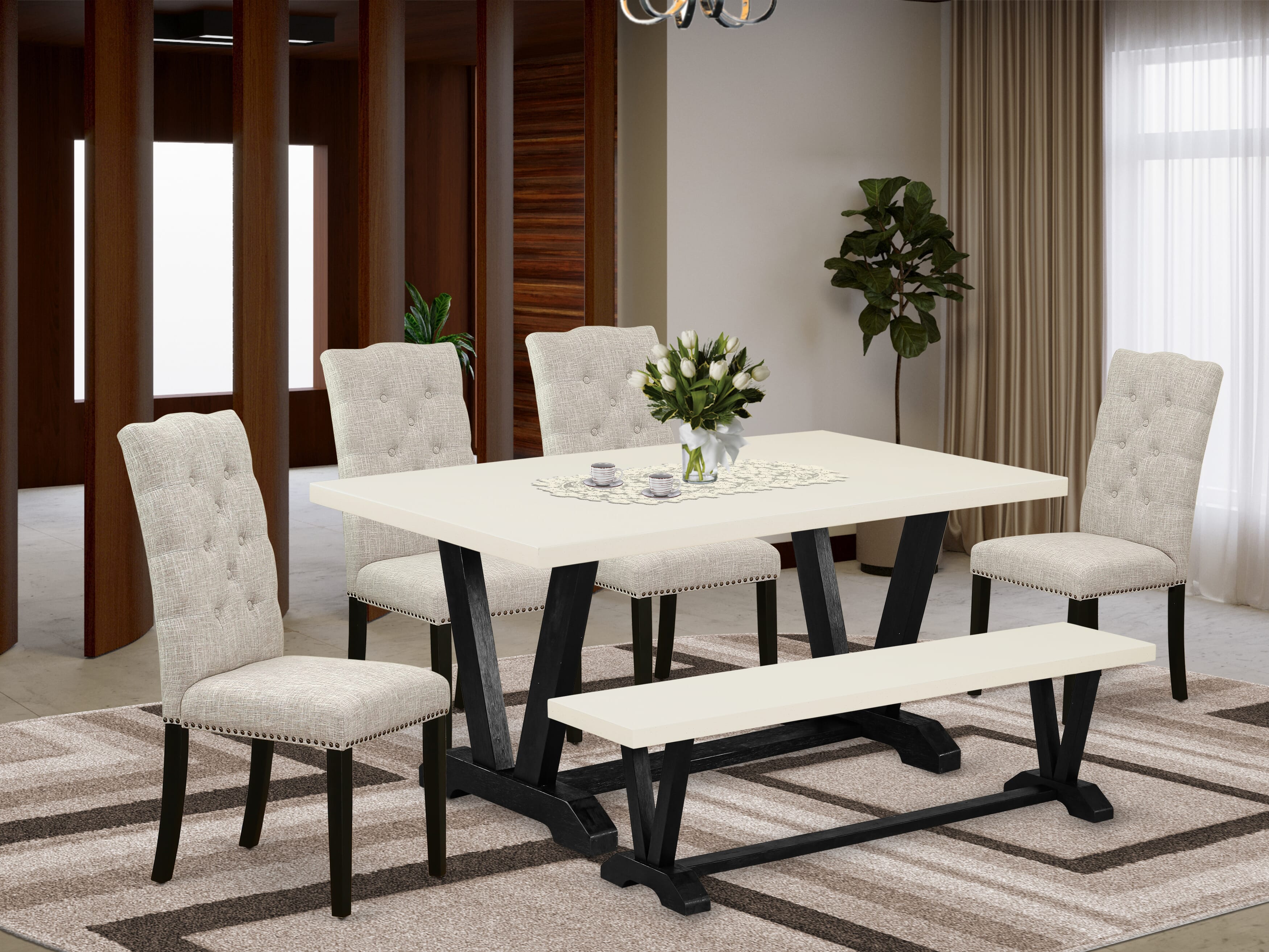 East West Furniture V626EL635-6 6-Pc Dinette Set-Doeskin Linen Fabric Seat and Button Tufted Chair Back kitchen chairs, A Rectangular Bench and Rectangular top Dinette Table with Wooden Legs - linen white and Wire Brushed Black Finish