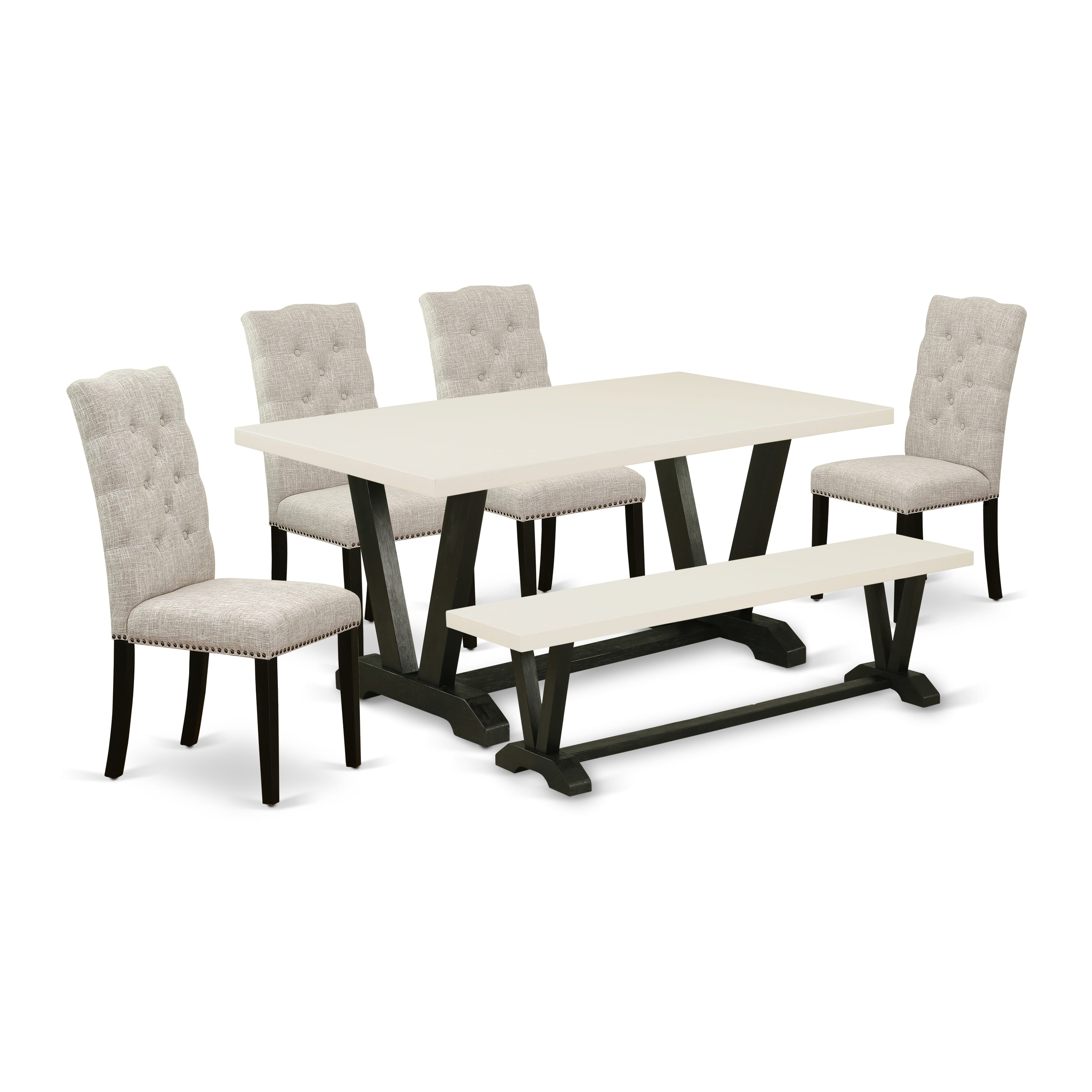 East West Furniture V626EL635-6 6-Pc Dinette Set-Doeskin Linen Fabric Seat and Button Tufted Chair Back kitchen chairs, A Rectangular Bench and Rectangular top Dinette Table with Wooden Legs - linen white and Wire Brushed Black Finish